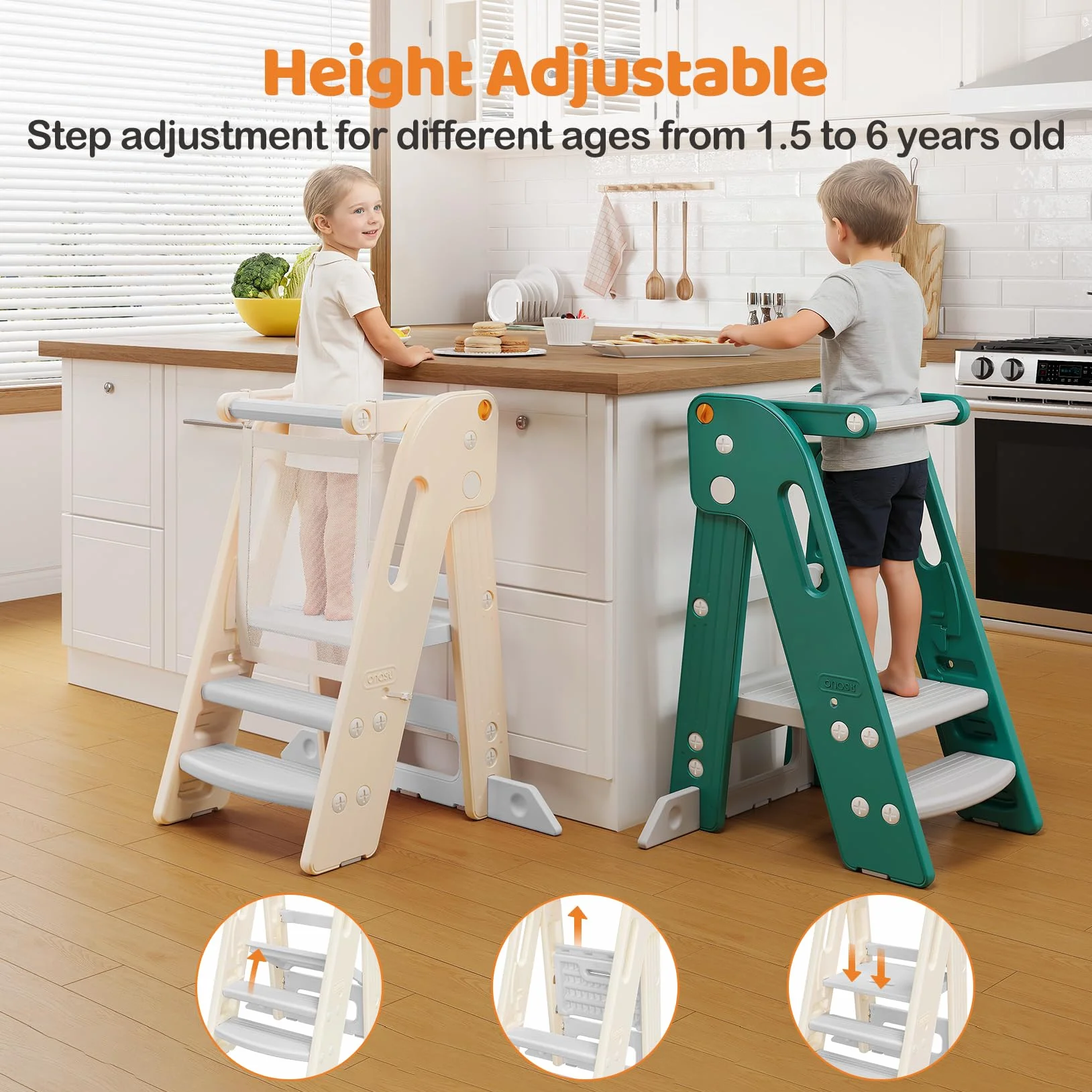 Tour d'apprentissage pour Enfants, Pliable, Tour d'observation équipée de barrières, Réglable en Hauteur, Tour d Observation Enfant pour Cusine|Salle de Bain|Chambre à Coucher, 1,5 à 6 Ans (Blanc)