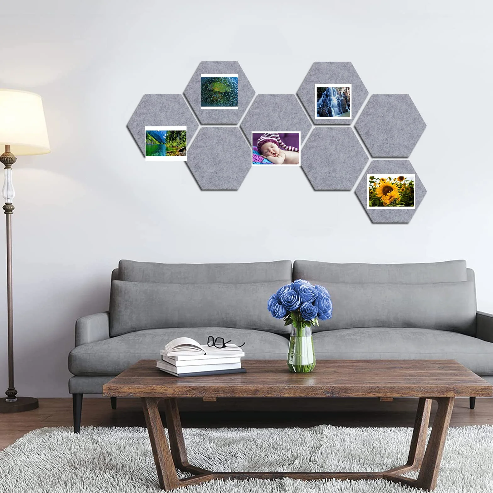 Panneau de Feutre Hexagone 8 Pièces 20 x 17 cm Gris Auto Adhésif avec 23 Punaises