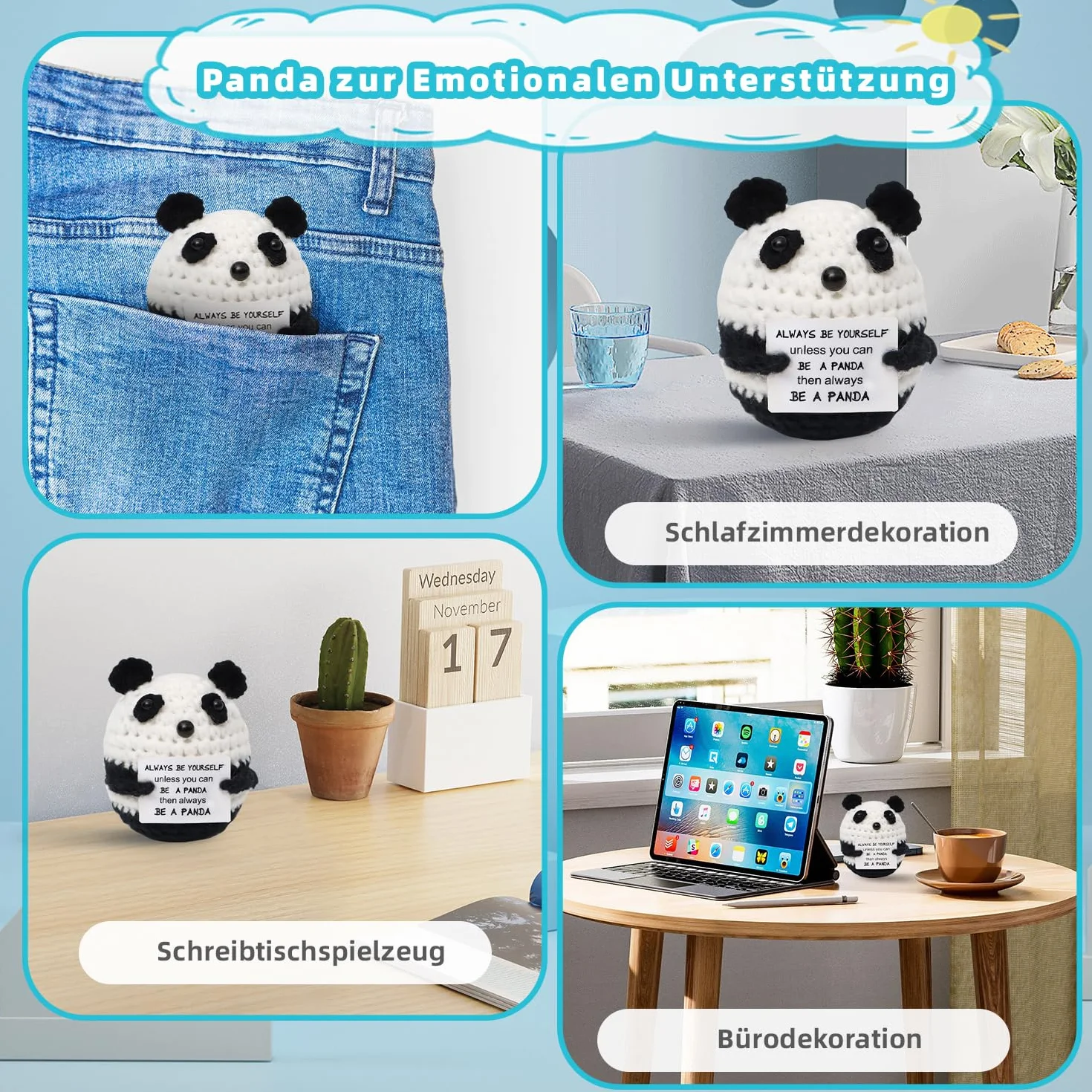 Poupée tricotée à la main en laine Mini Panda, cadeau positif avec carte inspirante pour femme