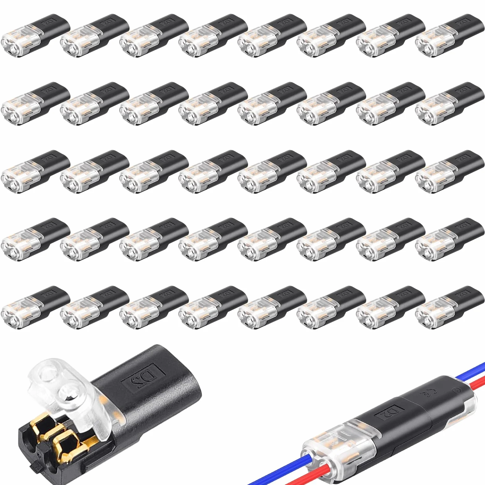 Samochodowe złącze kablowe, wodoszczelne, 2-biegunowe, 40 sztuk – wtyczka 12 V, 2 piny, szybkie złącze do kabli 18-22 AWG, zaciskane złącze wtykowe do samochodu, LED, audio, akcesoria elektryczne