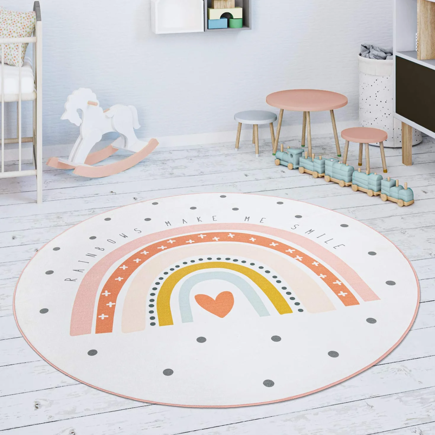 Paco Home Tapis Enfant Rond 120 cm Crème Étoile Éléphant Arc-en-Ciel