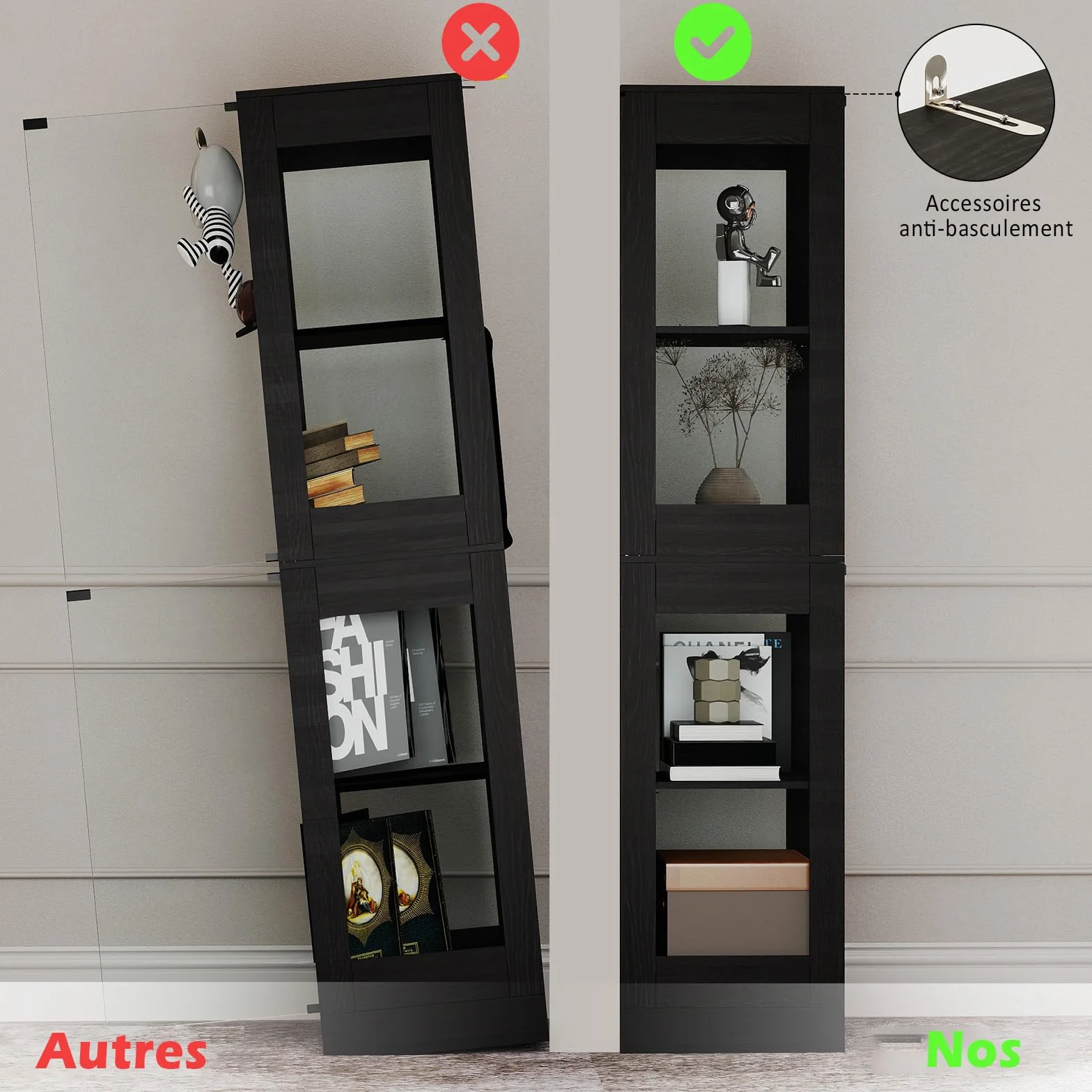 YU YUSING Vitrine Colonne en Verre avec Lumière Intelligente LED pour Collection, Armoire de Vitrine Moderne avec 4 Étagères, Mangathèque, Bibliothèque, Rangement Chambre Salon, 40 × 35 × 165 cm, Noir