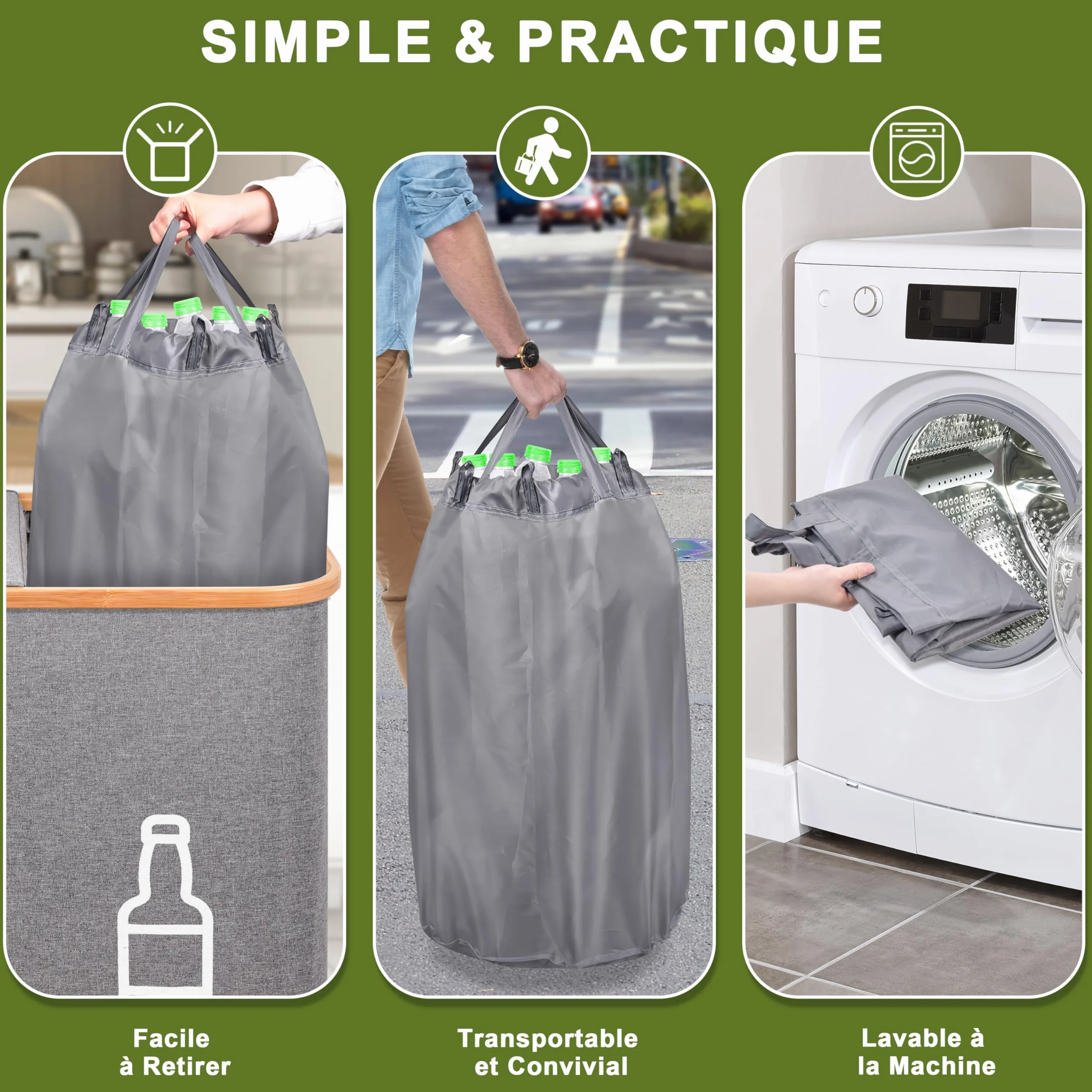 IEEILULU Bouteille consignée 140 L 2 compartiments avec couvercle collecteur poubelle cuisine gris