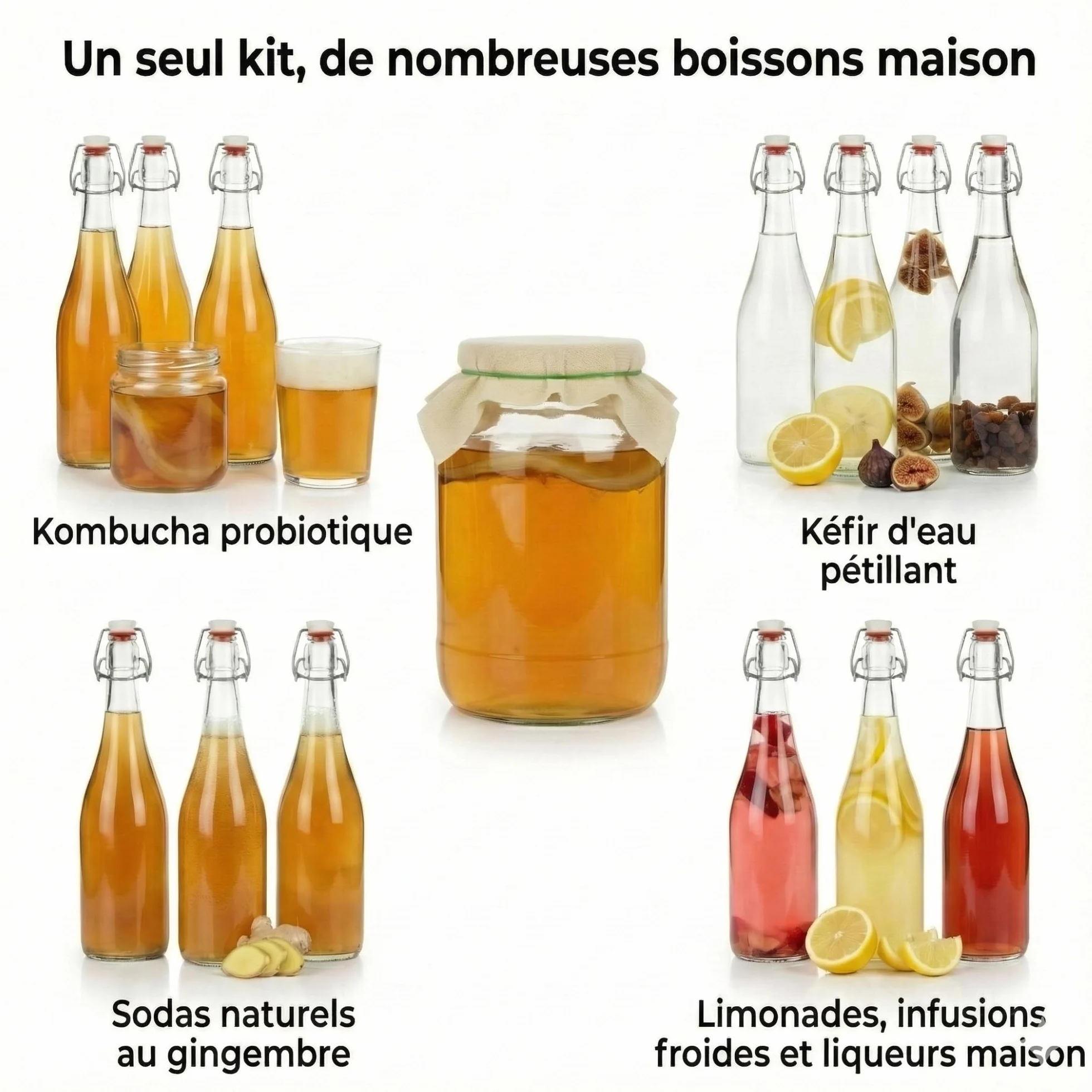 myFERMENTS Kit Préparation Boissons Probiotiques - Set de Fermentation pour Bière, Kefir - 6 Grands Bocaux en Verre de 4L, Bouteille de 750ml avec Joint Hermétique, Entonnoir 10cm, Tissu Mousseline