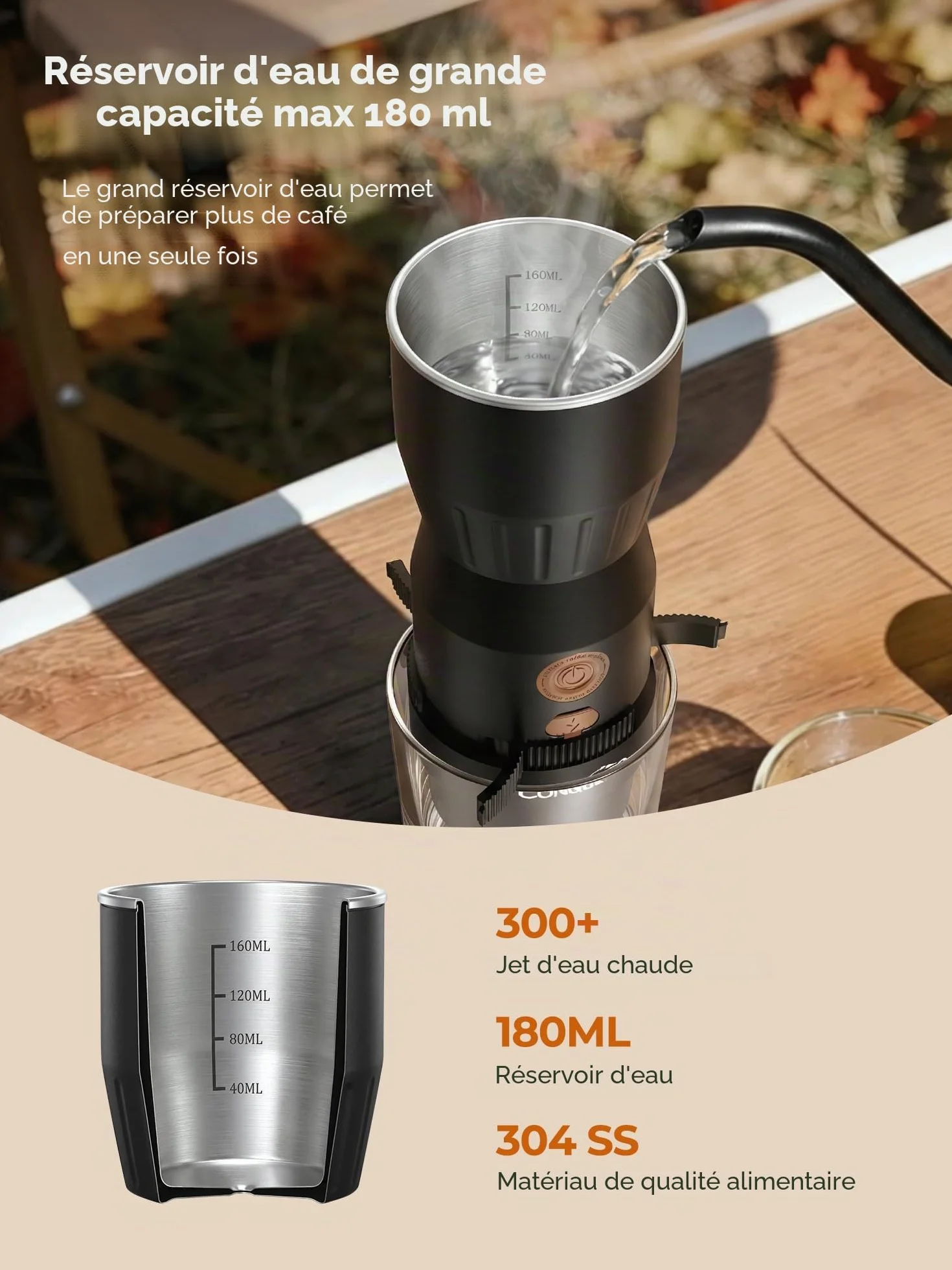 CONQUECO Machine à Café Portable Électrique 20 Bars, 160ml, Pompe Pression Batterie, Compatible Capsule et Café Moulu, USB-C Rechargeable pour Camping Voyage Bureau (Non auto-chauffant) (Noir)