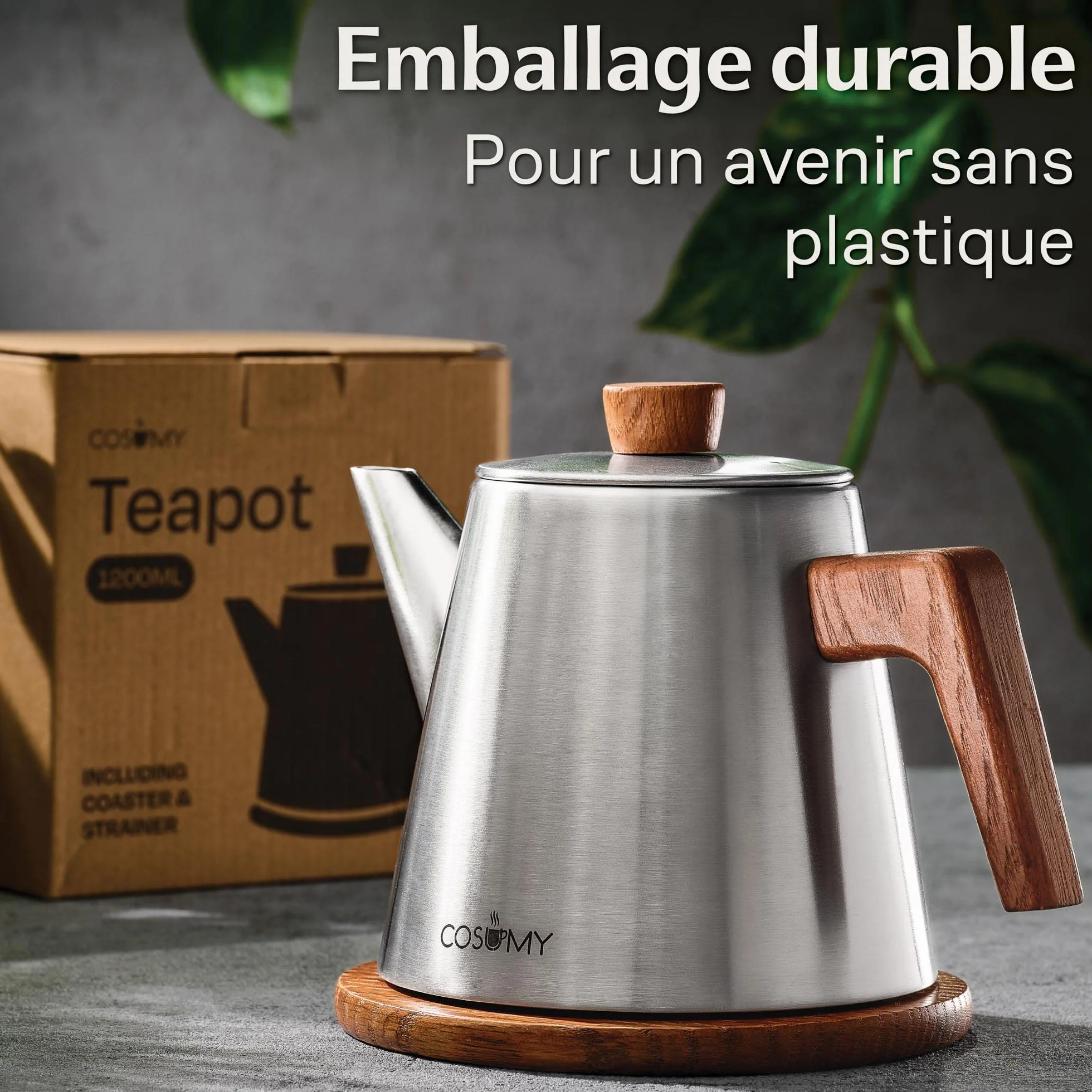 Cosumy Théière avec Filtre et Sous-Verres 1,2 litre - Bouilloire Pour induction et autres plaques de cuisson - Acier Inoxydable et Bois FSC