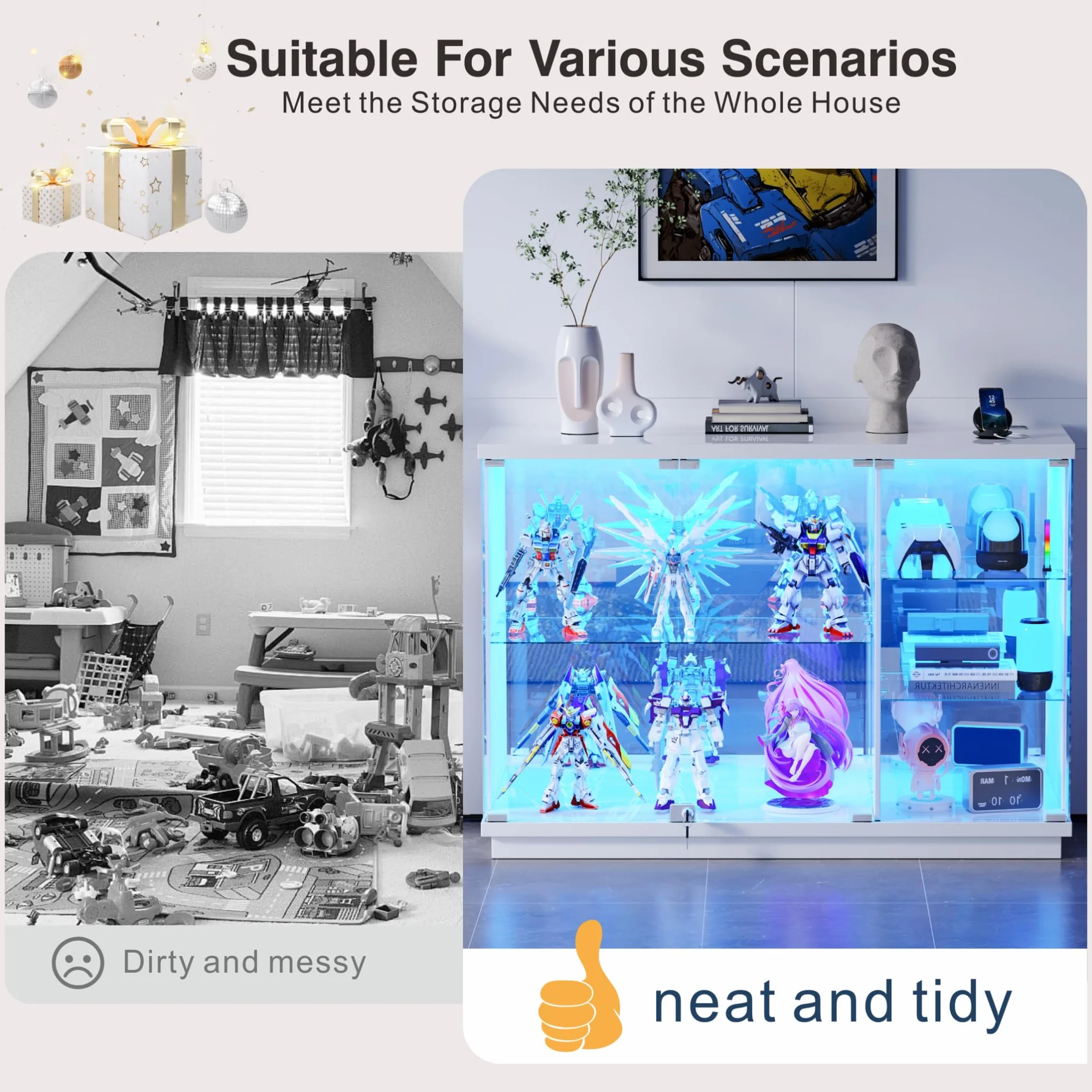 Vitrine pour Collection avec éclairage LED - Portes Vitrées Verrouillables,Vitrine en Verre avec Capteurs,Vitrines de Collection à 3 Niveaux Vitrines pour Salon,Chambre,Blanc