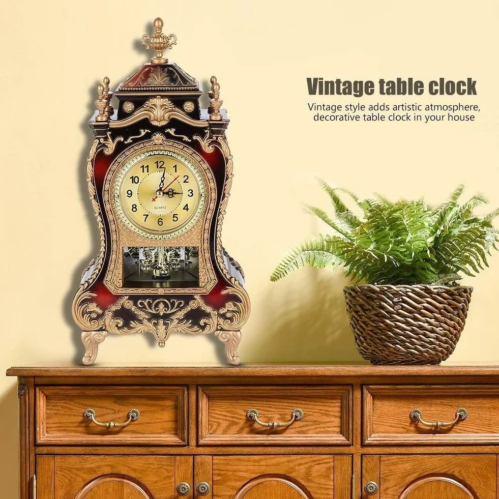 Tbest Pendule de Cheminée Antique Vintage Horloge de Table en Plastique Rouge Brunâtre