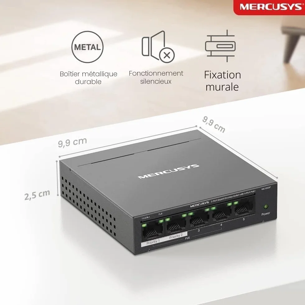 Mercusys TP-Link MS105GP Switch PoE+ 5 ports Gigabit, 4 ports PoE+, 65W, Boitier Métal