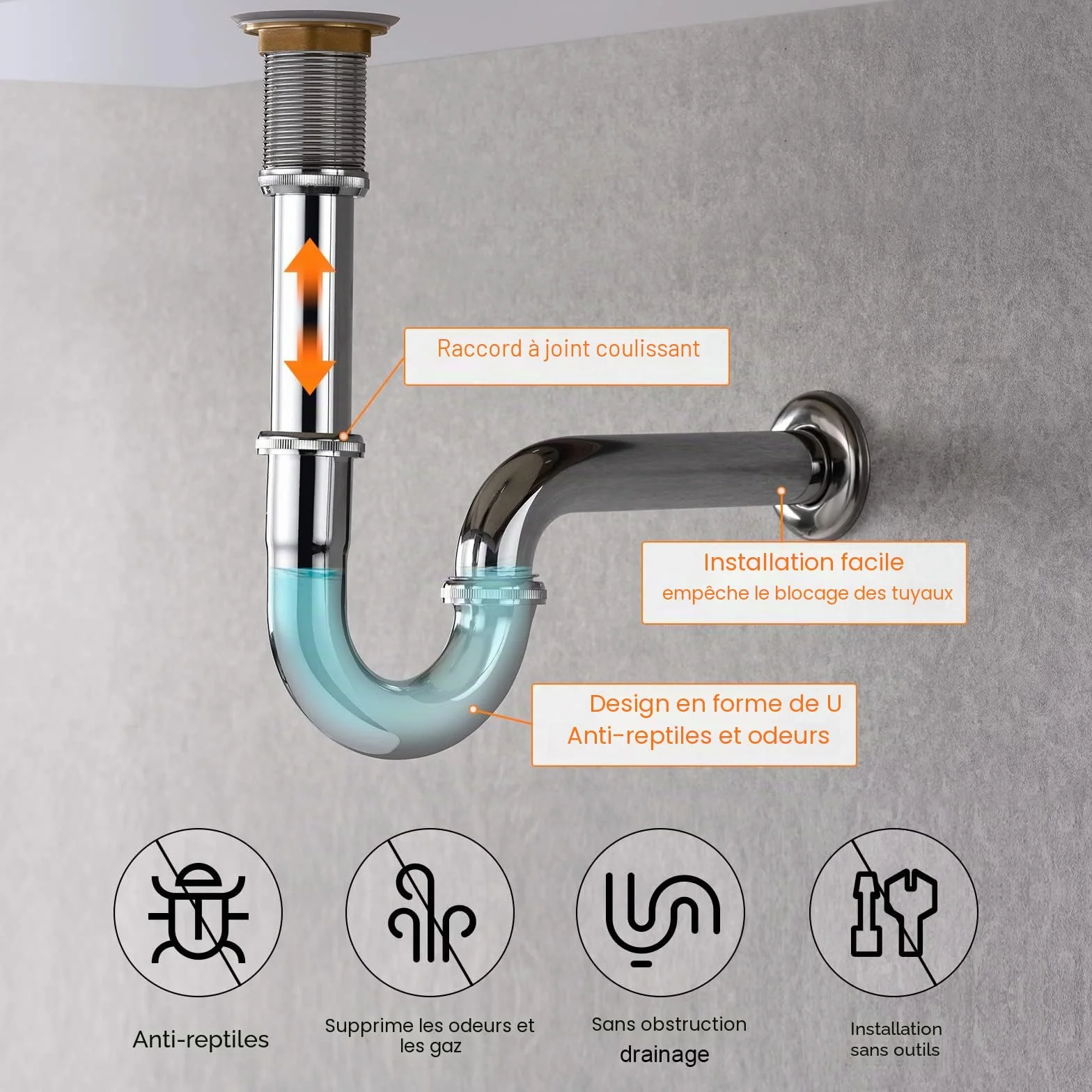 Ibergrif Siphon Lavabo Réglable Inox Chromé Anti-Odeur 1"1/4 x 32 mm Acier Inox 304