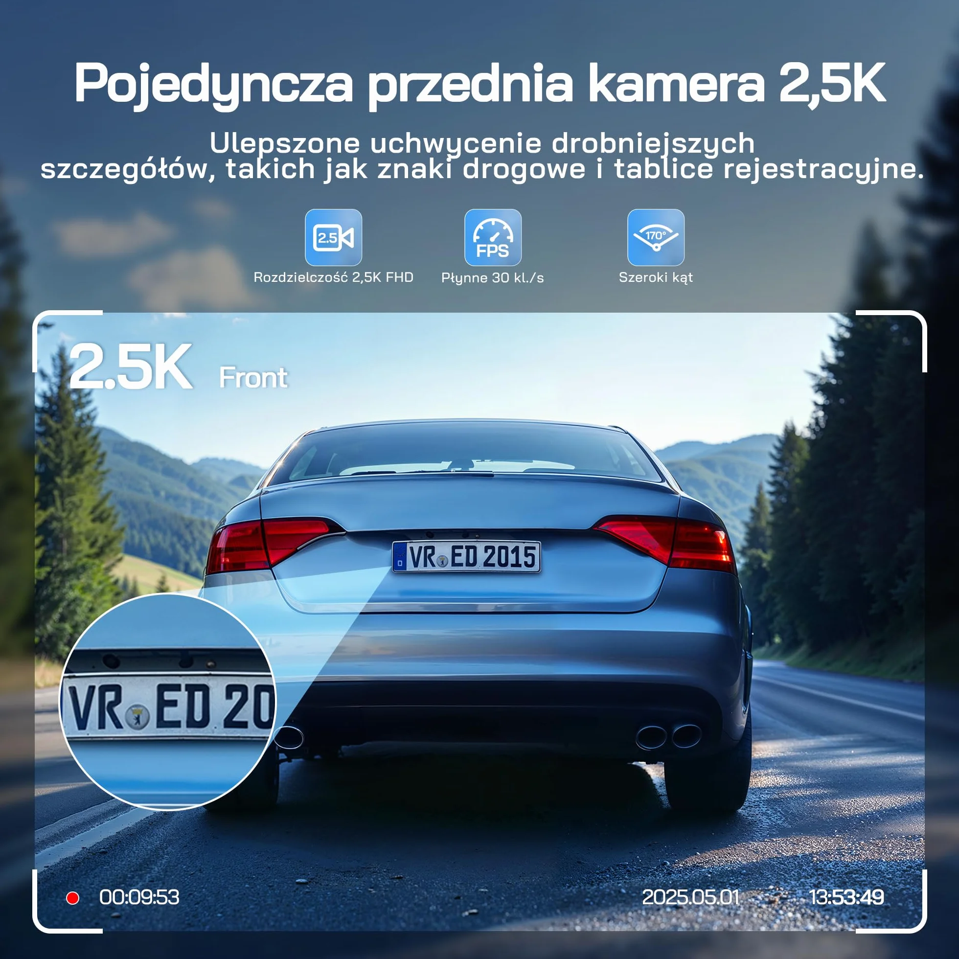 Kamera samochodowa WOLFANG 2.5K kamera samochodowa Wi-Fi z kartą SD 32 GB, podwójna kamera samochodowa z noktowizorem, nagrywanie w pętli, czujnik G, szeroki kąt 170, osłona parkowania