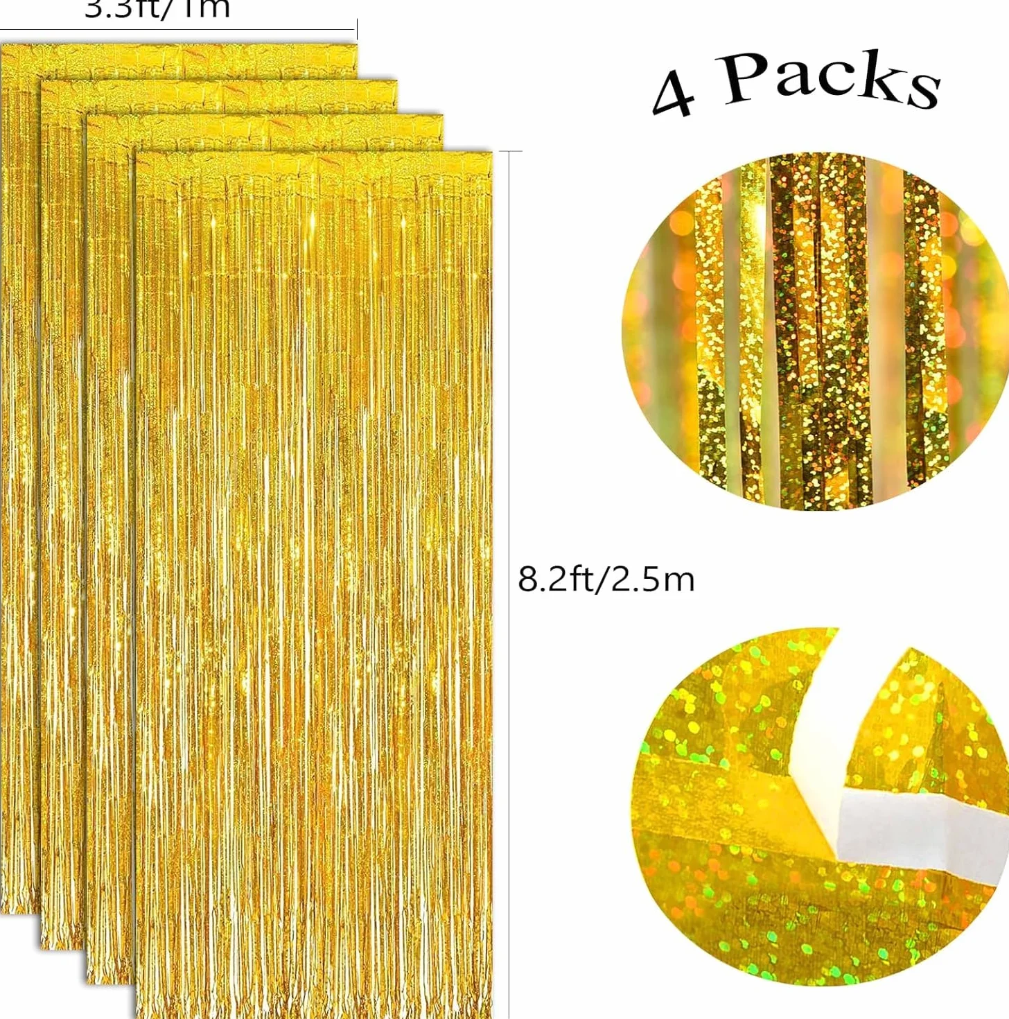 Rideaux à franges en feuille d'aluminium doré 1 x 2,5 m Lot de 4 pour anniversaire mariage Noël