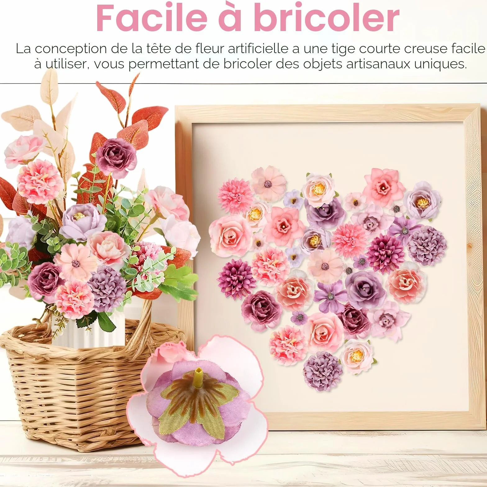 40 Pièces Fausse Fleur Artificielle Tete de Fleurs en Tissu Rose Violet Mélangée 10 Styles pour DIY Scrapbooking Guirlande Mariage Bouquet
