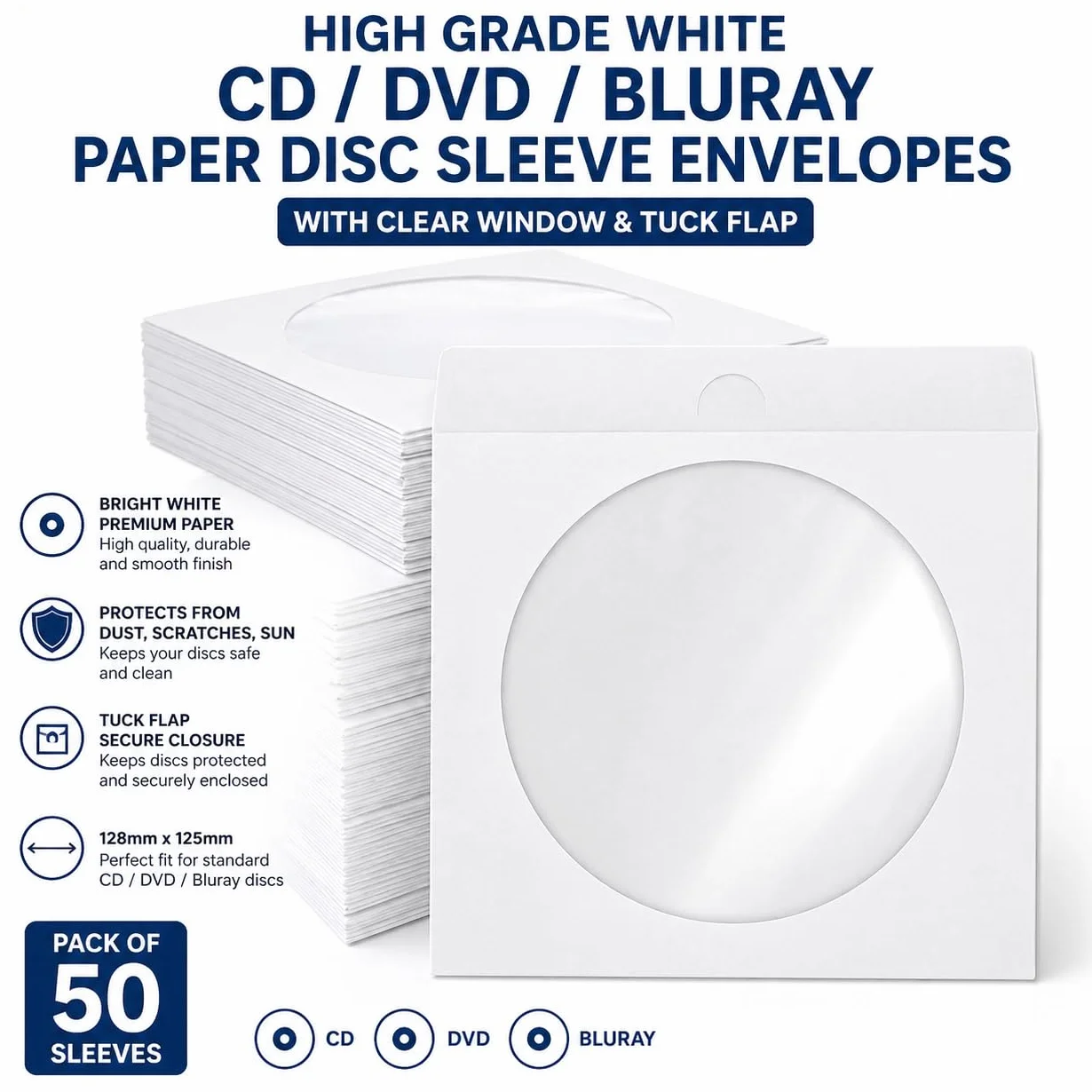 DragonTrading Lot de 50 enveloppes en papier blanc pour CD/DVD/Bluray avec fenêtre transparente