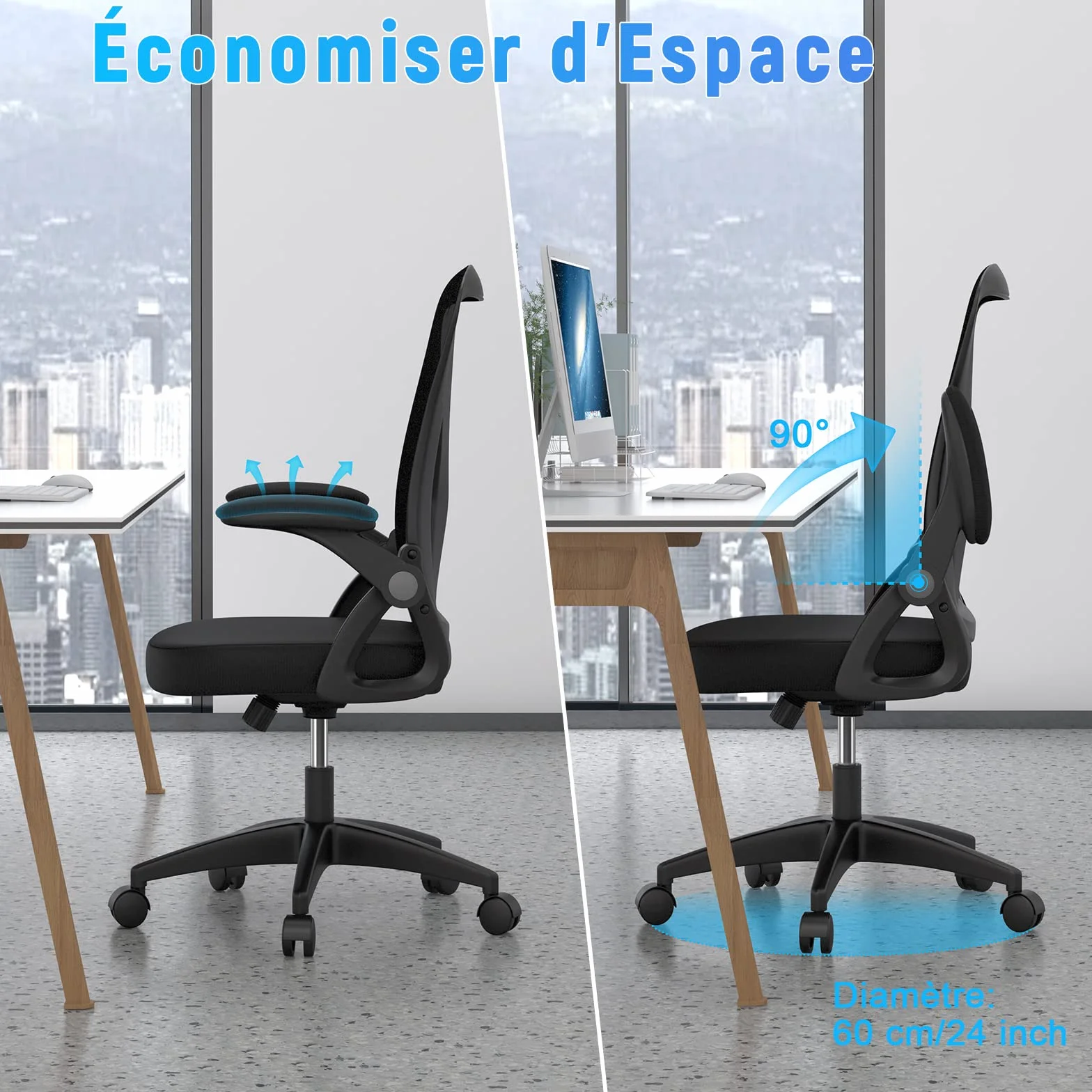 Fauteuil de Bureau en Maille Respirante avec Accoudoir Relevable et Soutien Lombaire, Noir