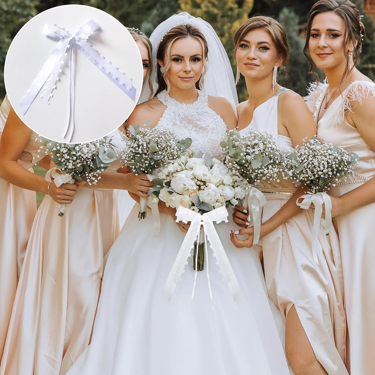 Gros Noeud Decoration Voiture Mariage Ruban Blanc Kit 10 Pièces Tulle Satin