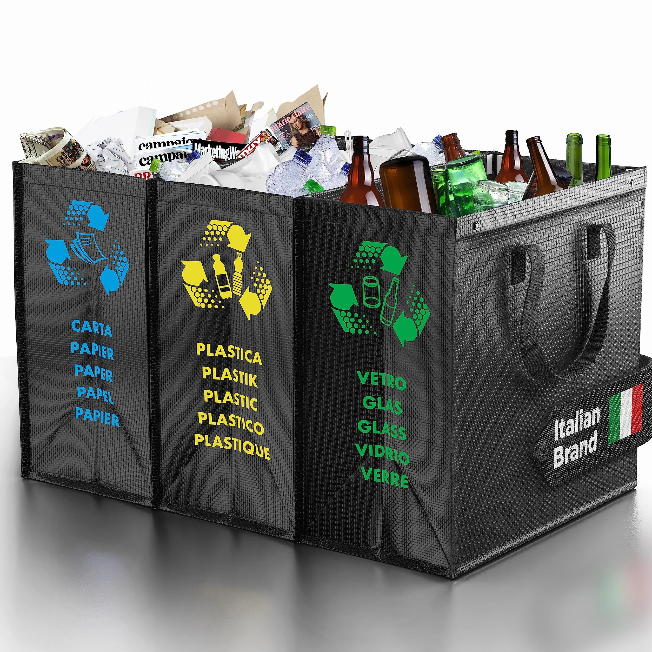 Poubelle tri selectif 3 bac PTMS® - Sac tri selectif pour verre papier plastique - Déchets recyclage facile à vider