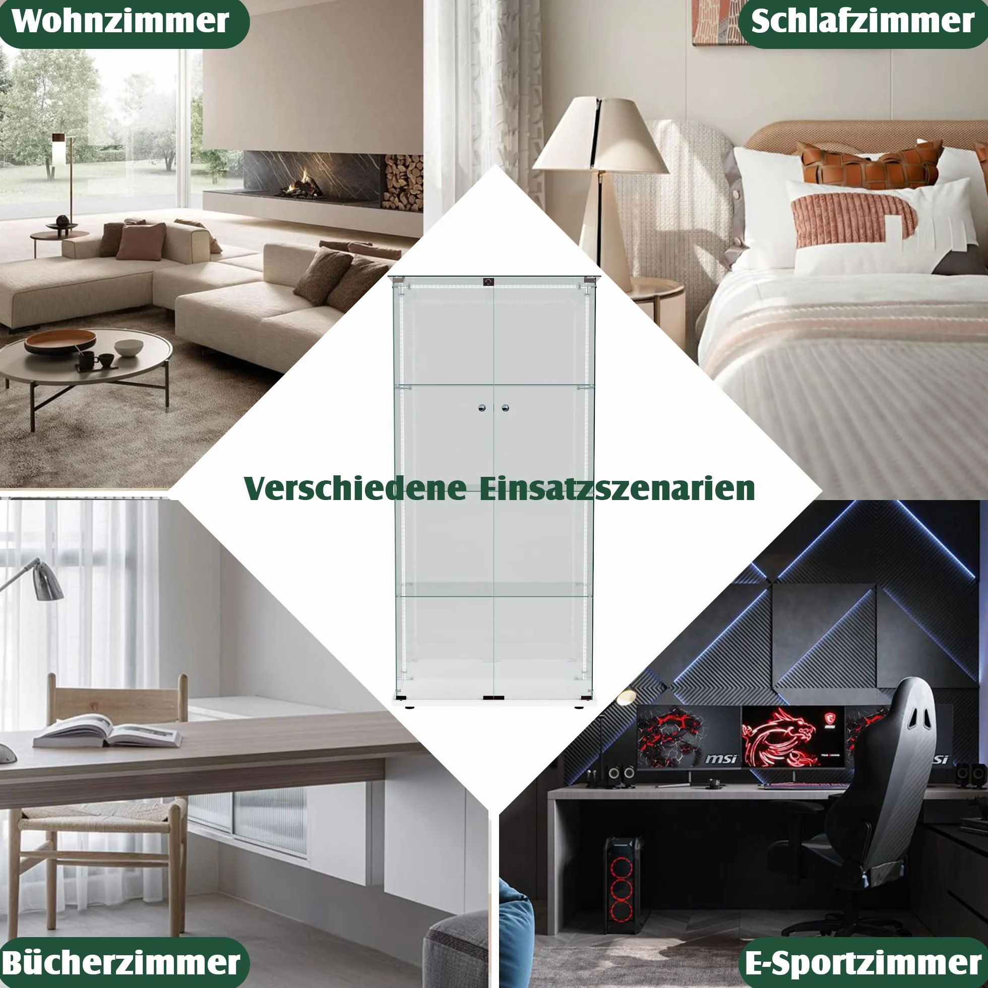 FEEOHOME Vitrine en Verre avec LED, vitrine de Collection en Verre, Transparent vitrine avec 4 Couches avec 2 Portes, sur Pied Vitrines trempé pour Salon, Chambre à Coucher Blanc