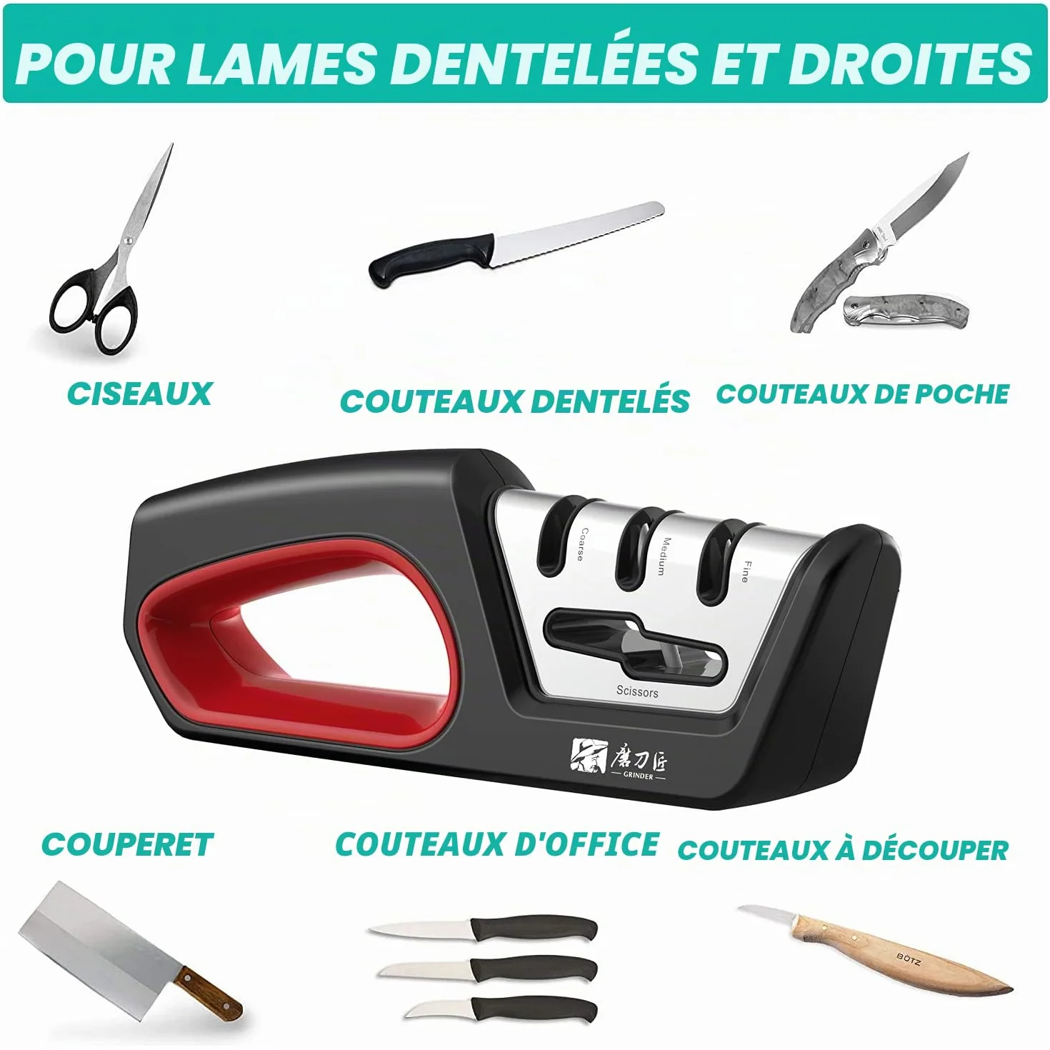 Aiguiseur de Couteaux Professionnel 4 en 1 pour Couteaux et Ciseaux de Cuisine