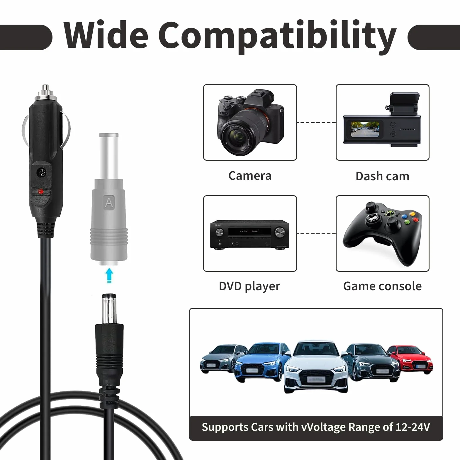 Kabel do ładowarki samochodowej 12 V z 8 końcówkami złącza DC 5,5 x 2,1 mm, adapter do zapalniczki samochodowej, kompatybilny z głośnikami, routerem, kamerą IP, LED i innymi