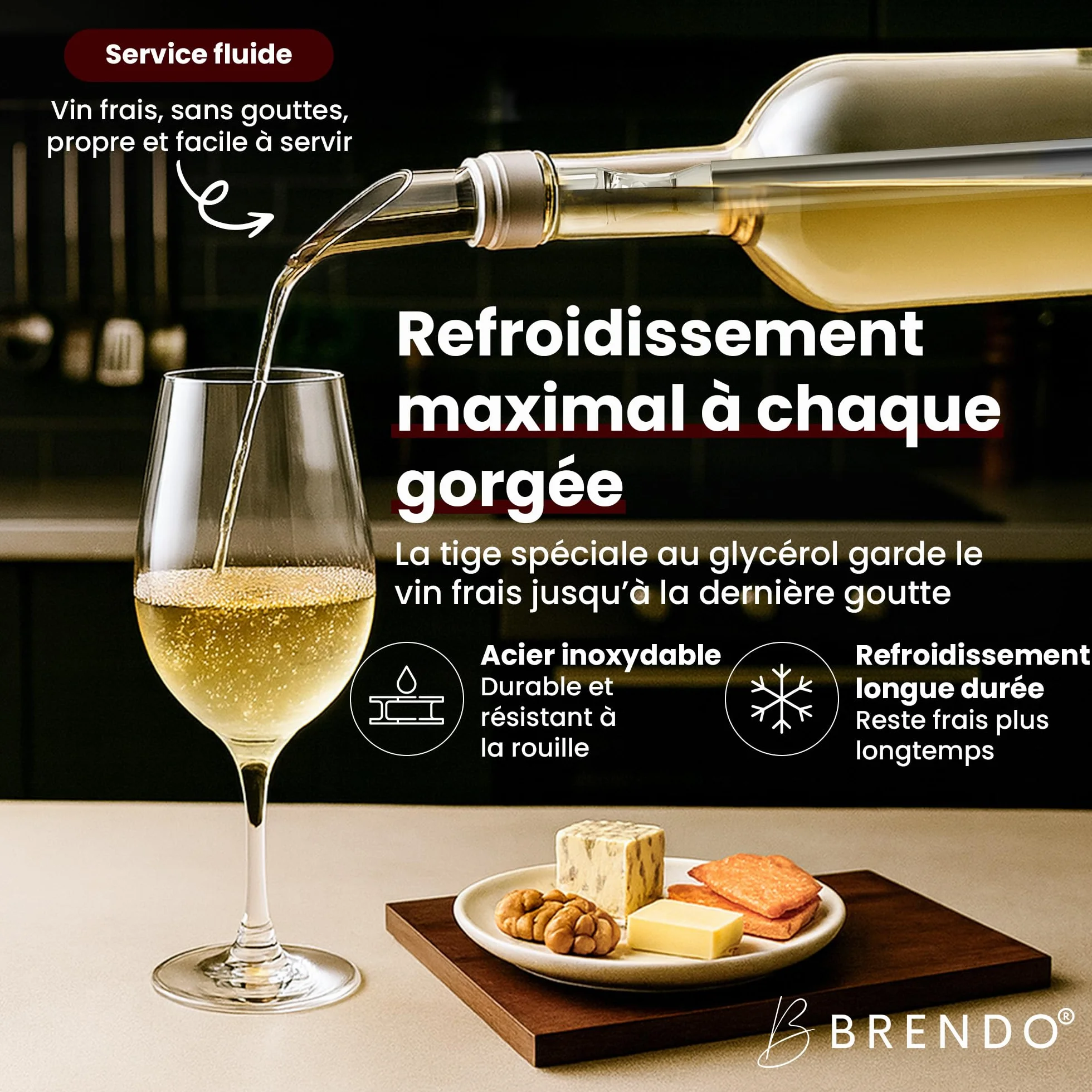 Brendo Rafraîchisseur de Vin 4-en-1 Tige de Refroidissement en Acier Inoxydable 2 Longueurs + Bec Verseur + Décanteur + Bouchon