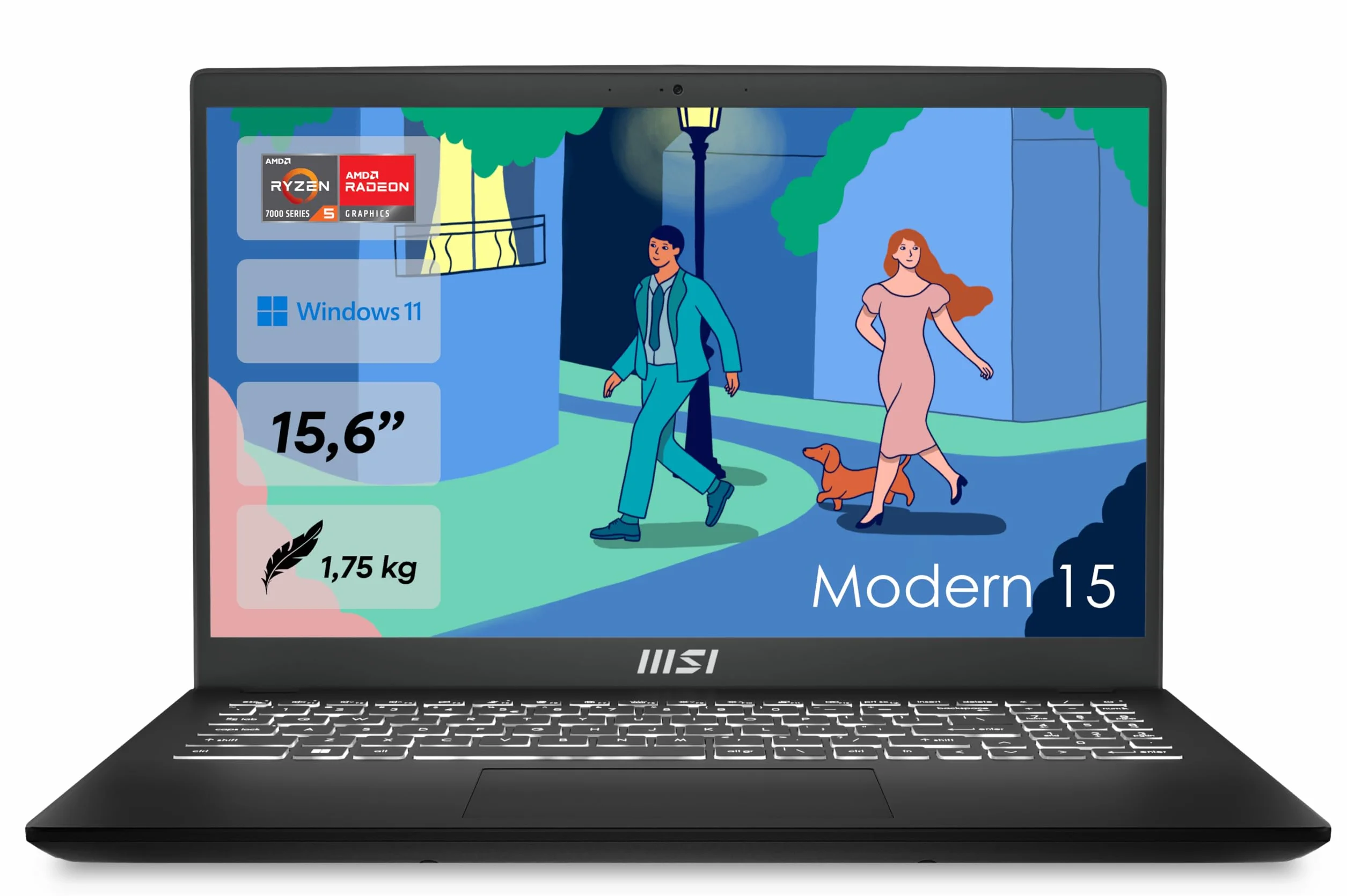 MSI Nowoczesny laptop 15 Lifestyle & Business 15,6", wyświetlacz Full HD, procesor AMD Ryzen 5 7530U, 16 GB DDR4 RAM, 512 GB SSD, AMD Radeon Graphics, Windows 11 Home, czarny, B7M-284 ,DE QWERTZ