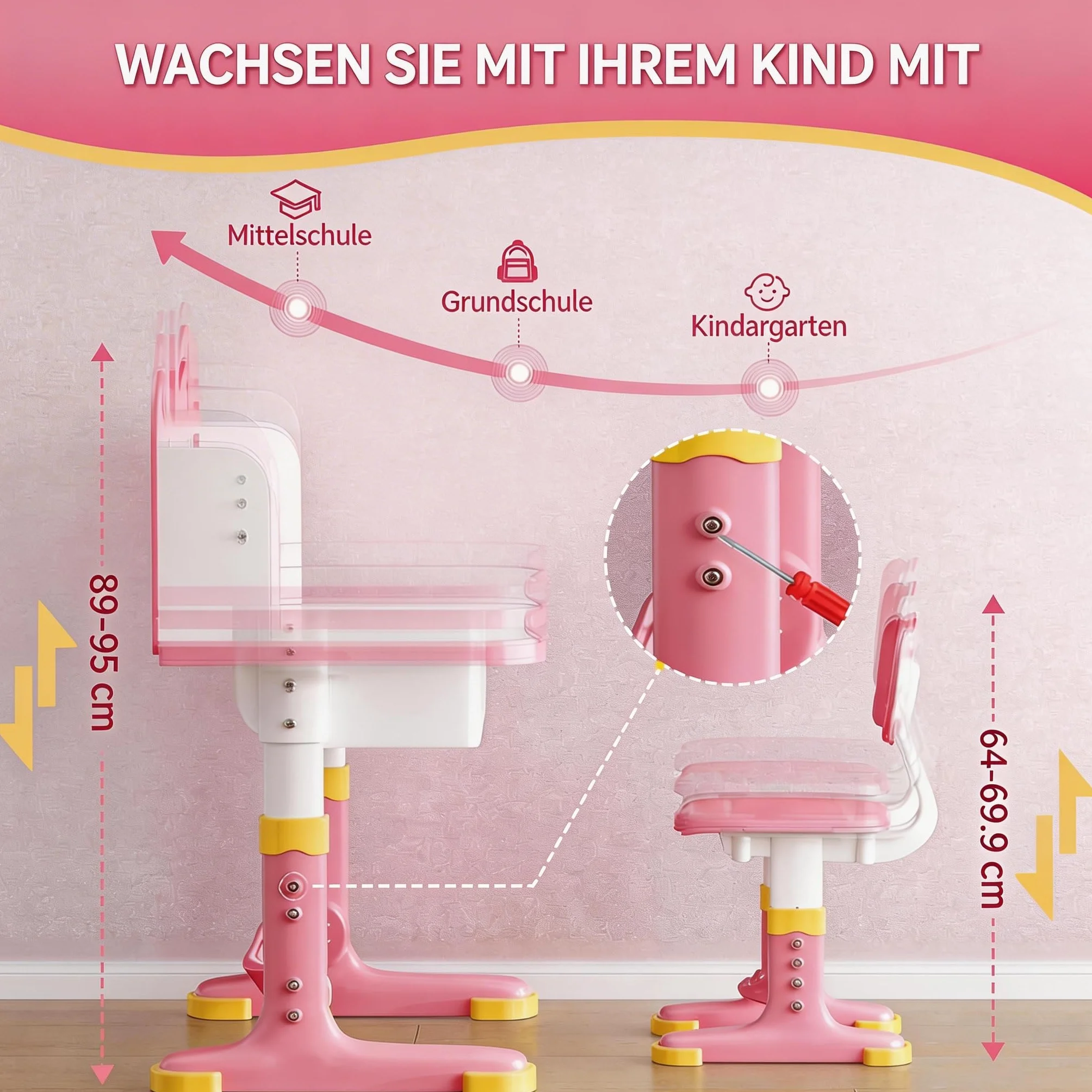 Ensemble de bureau pour enfant avec chaise réglable en hauteur, bureau d'apprentissage avec dossier château, surface de travail élargie, support de livre et tiroir de rangement pour chambre