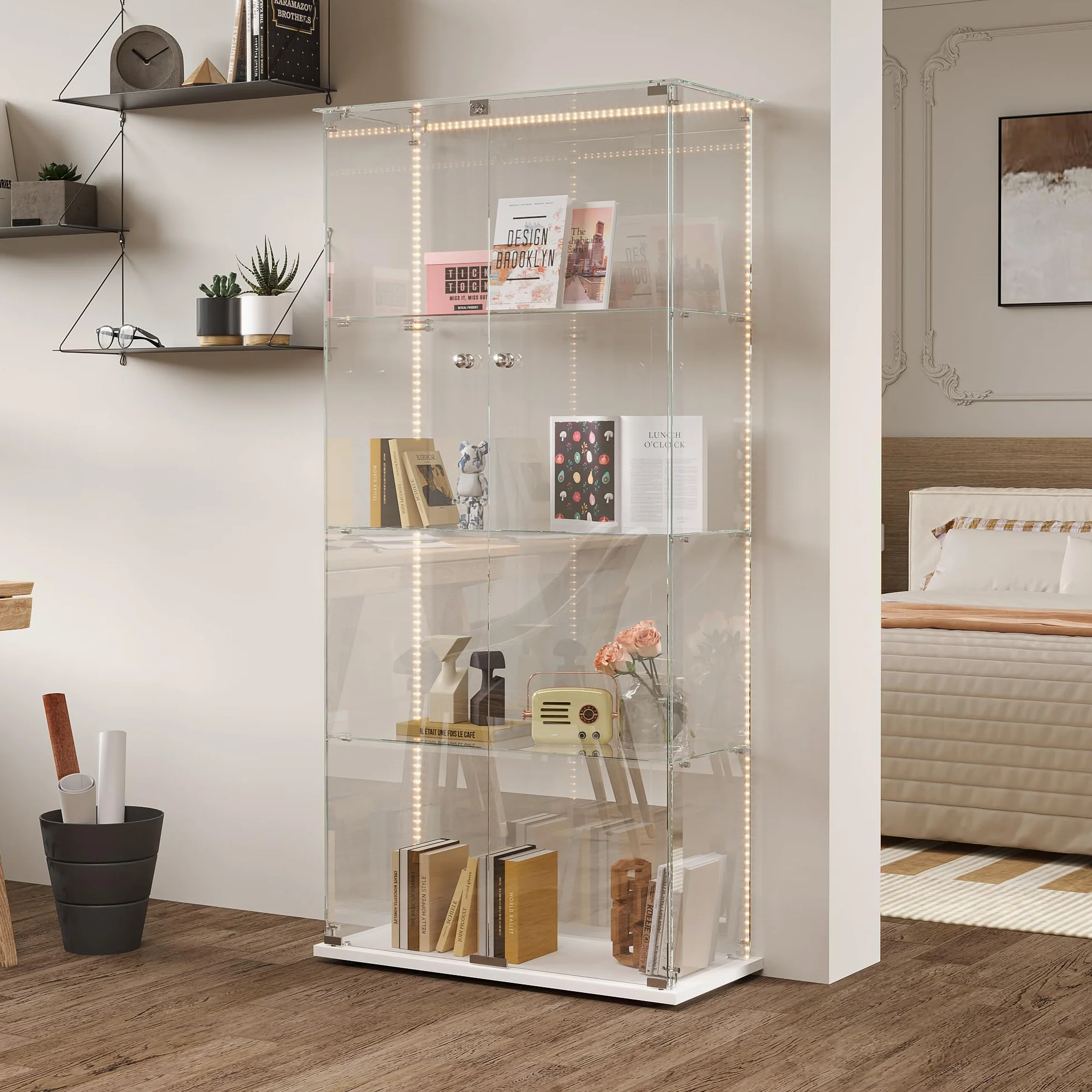 FEEOHOME Vitrine en Verre avec LED, vitrine de Collection en Verre, Transparent vitrine avec 4 Couches avec 2 Portes, sur Pied Vitrines trempé pour Salon, Chambre à Coucher Blanc