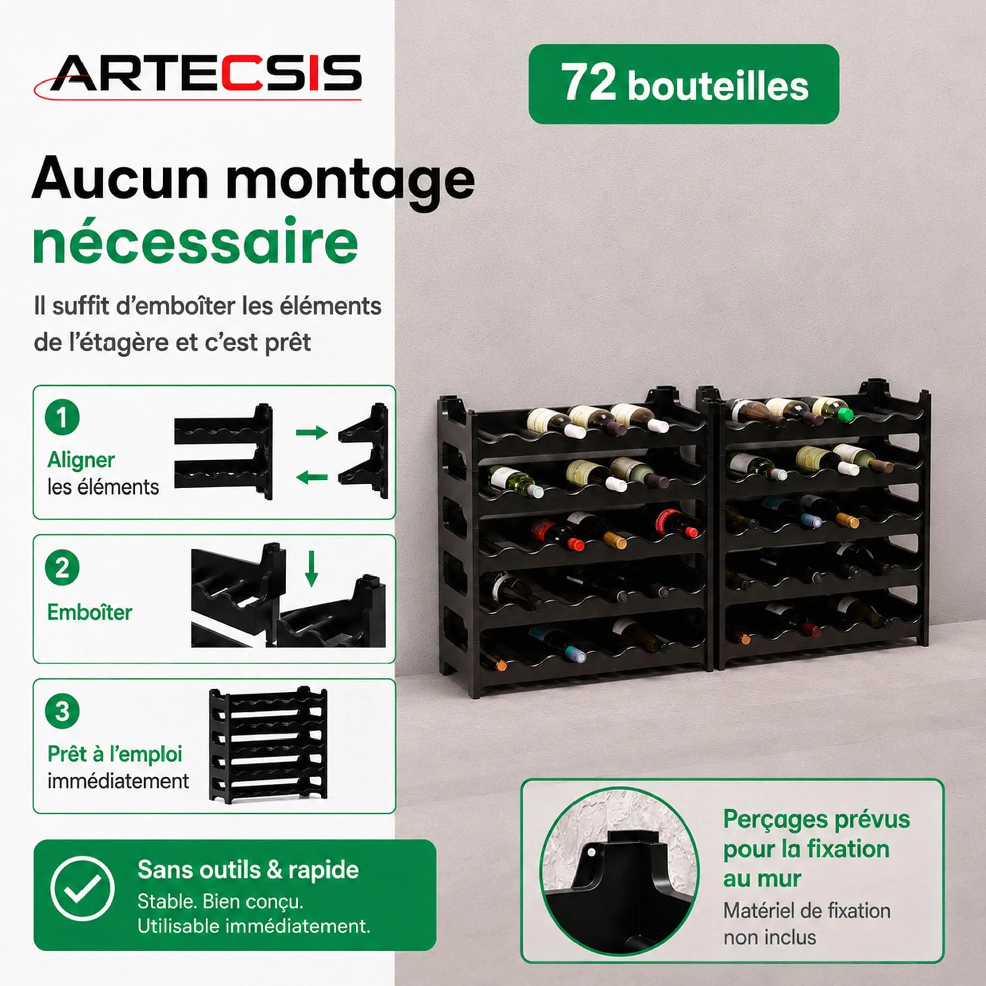ARTECSIS Casier à Bouteilles pour 72 Bouteilles, Étagère à Vin, Range Bouteille en Plastique Noir