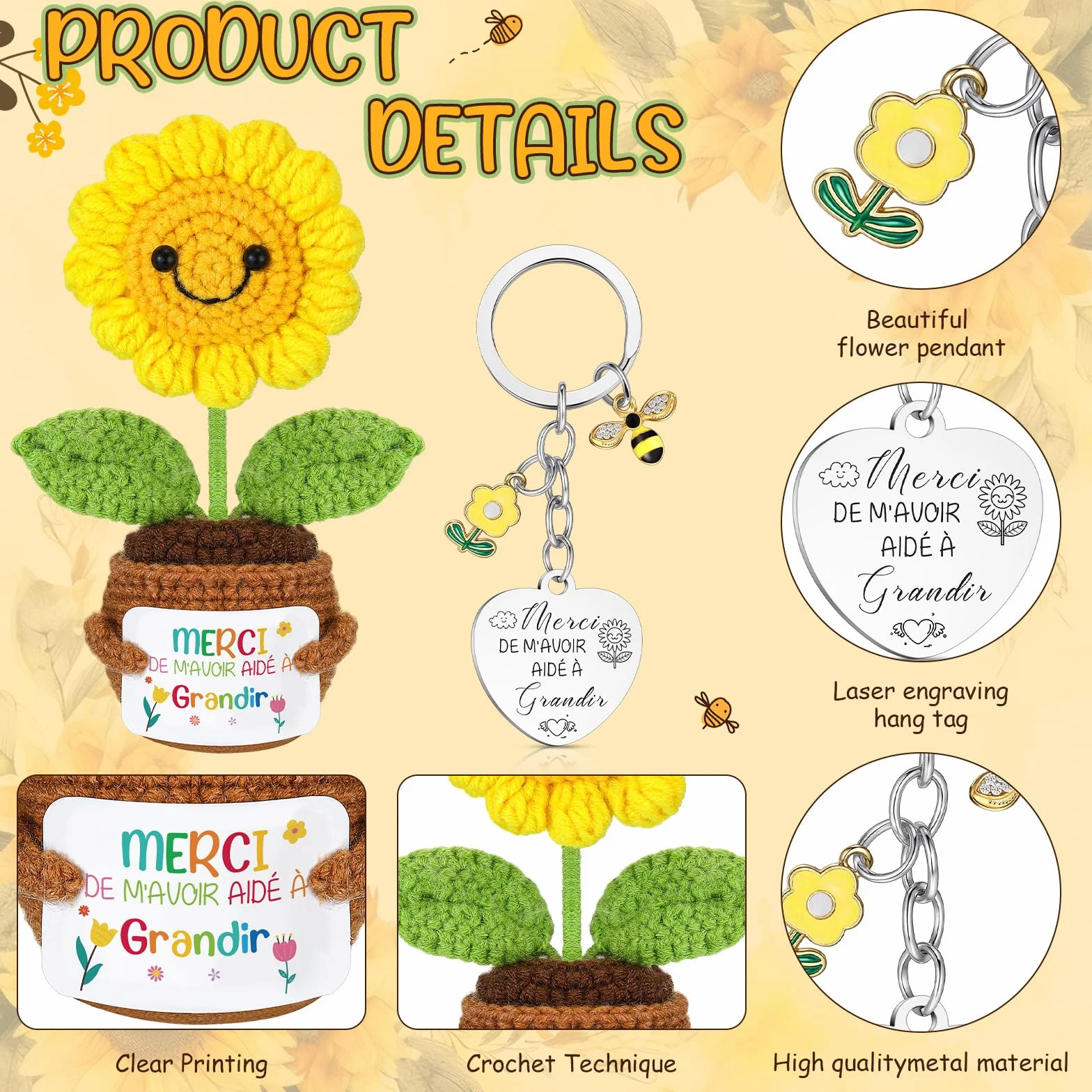 Mini Poupée Tournesol au Crochet avec Carte Porte-Clés pour Professeur, Carte de Vœux en Papier Kraft avec Fleurs Séchées