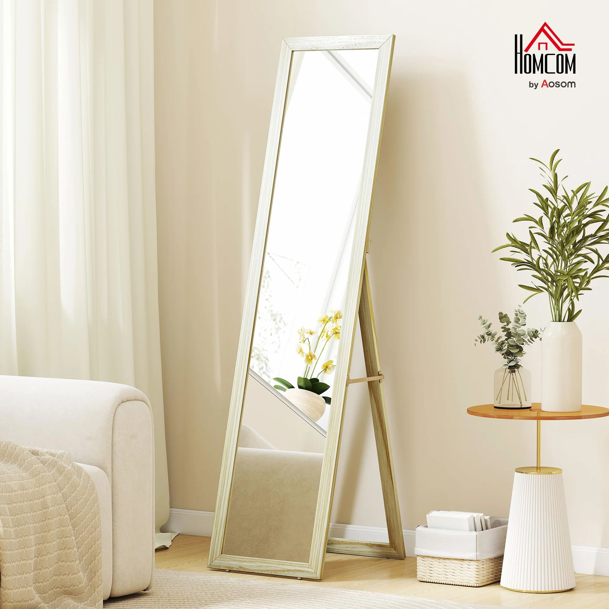 HOMCOM Miroir sur Pied et Mural Rectangulaire, Miroir de Sol Pleine Longueur pour Dressing, Chambre, Salon, 37 x 37 x 154 cm, Bois Naturel
