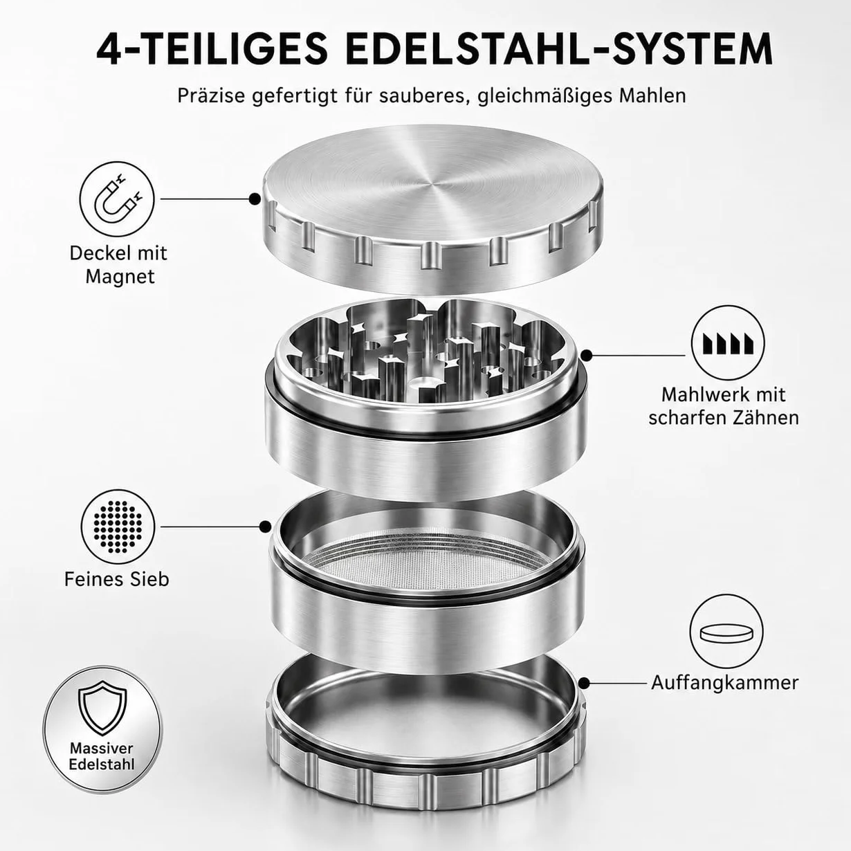 Moulin à herbes en acier inoxydable de qualité supérieure - 4 pièces - Ø 63 mm - Avec étui de protection avec fermeture éclair, grattoir à pollen, pinceau et embout buccal