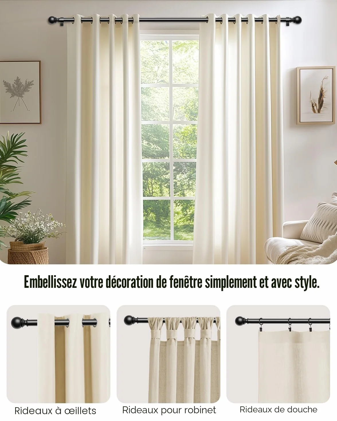 Tringle à Rideaux Extensible 80-218 cm 25 mm avec Embouts Ronds et Supports Noir