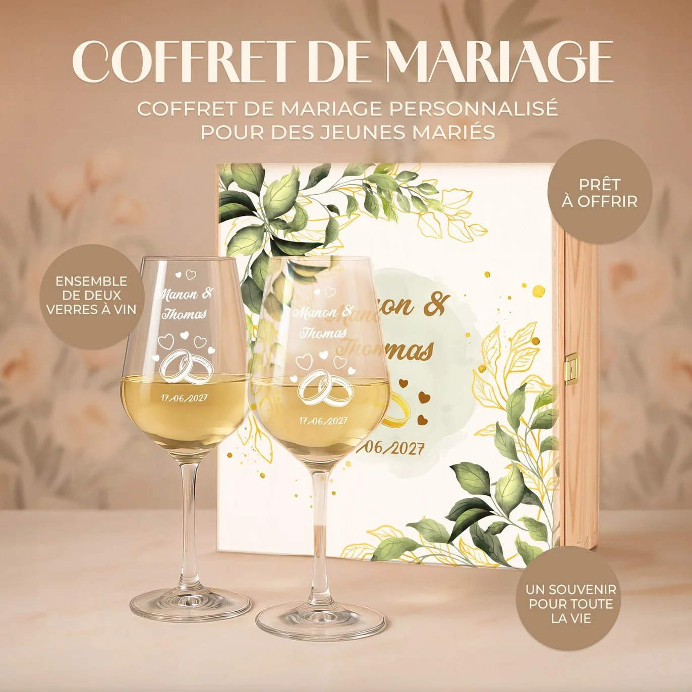 Maverton Cadeau Mariage Personnalisé - 2 Verres à Vin 490 ml avec Gravure pour Elle et Lui et Coffret en Bois - Cadeau Personnalisé pour Couples - Noel - Verre Couple Jeunes Mariés