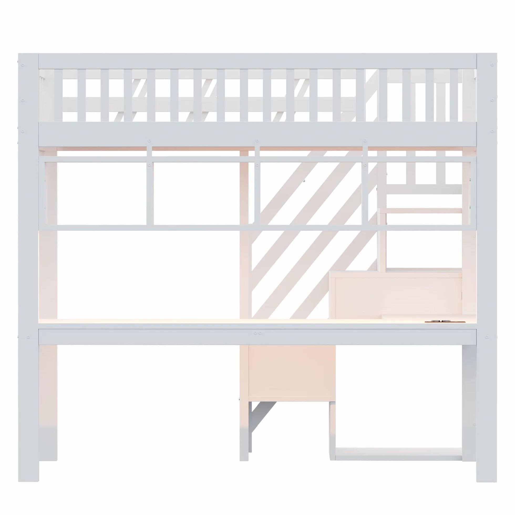 Merax Lit mezzanine 90 x 200 cm, cadre en bois massif, avec bureau, éclairage LED et prise USB, lit pour enfant/adolescent, avec espace de rangement, lit simple, peu encombrant, blanc (sans matelas)
