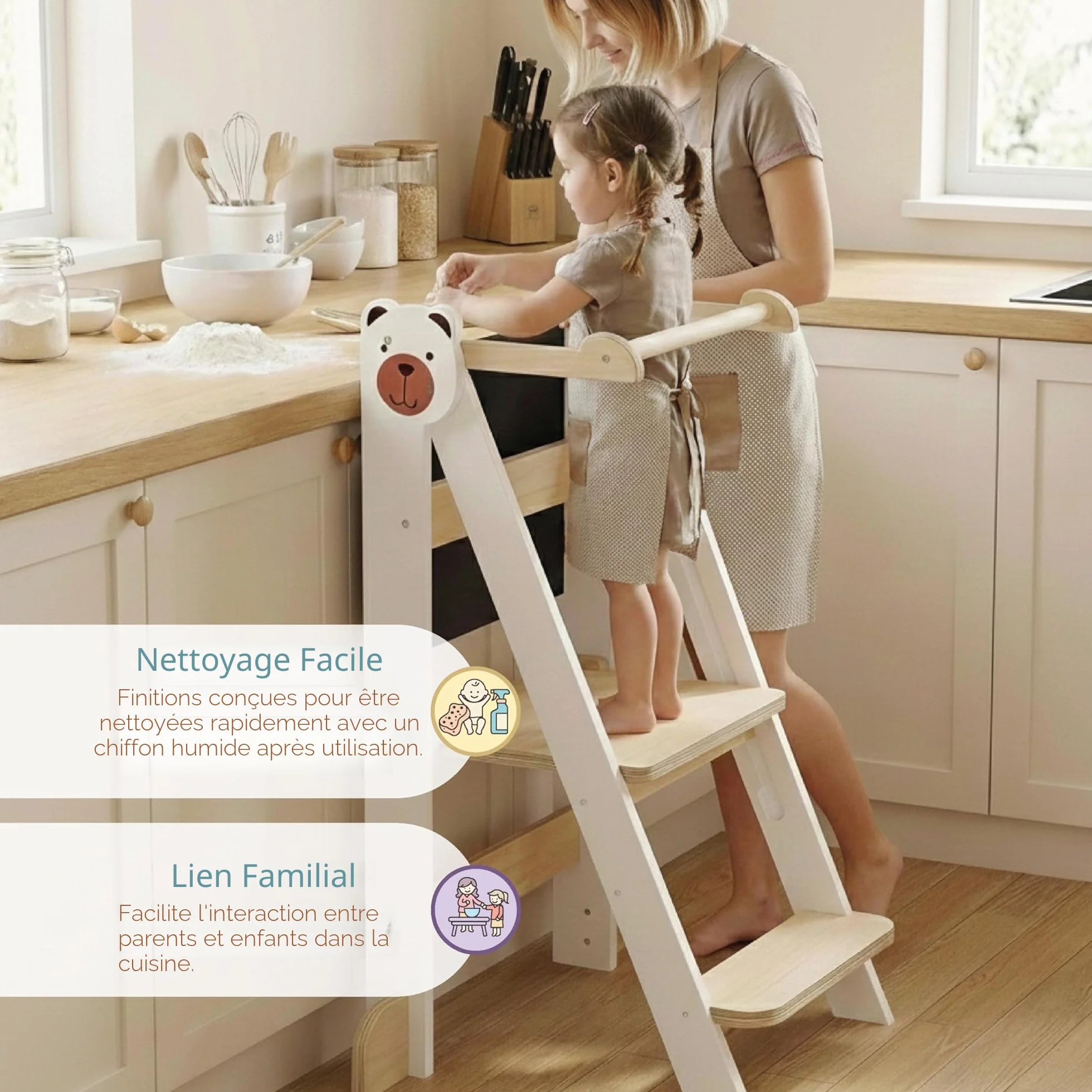 Buddy Baby Xplora - Tour d'apprentissage et tour d'aide dans la cuisine avec tableau - 3 en 1 - Pliable et avec 2 hauteurs - Marches pour enfants avec montage facile