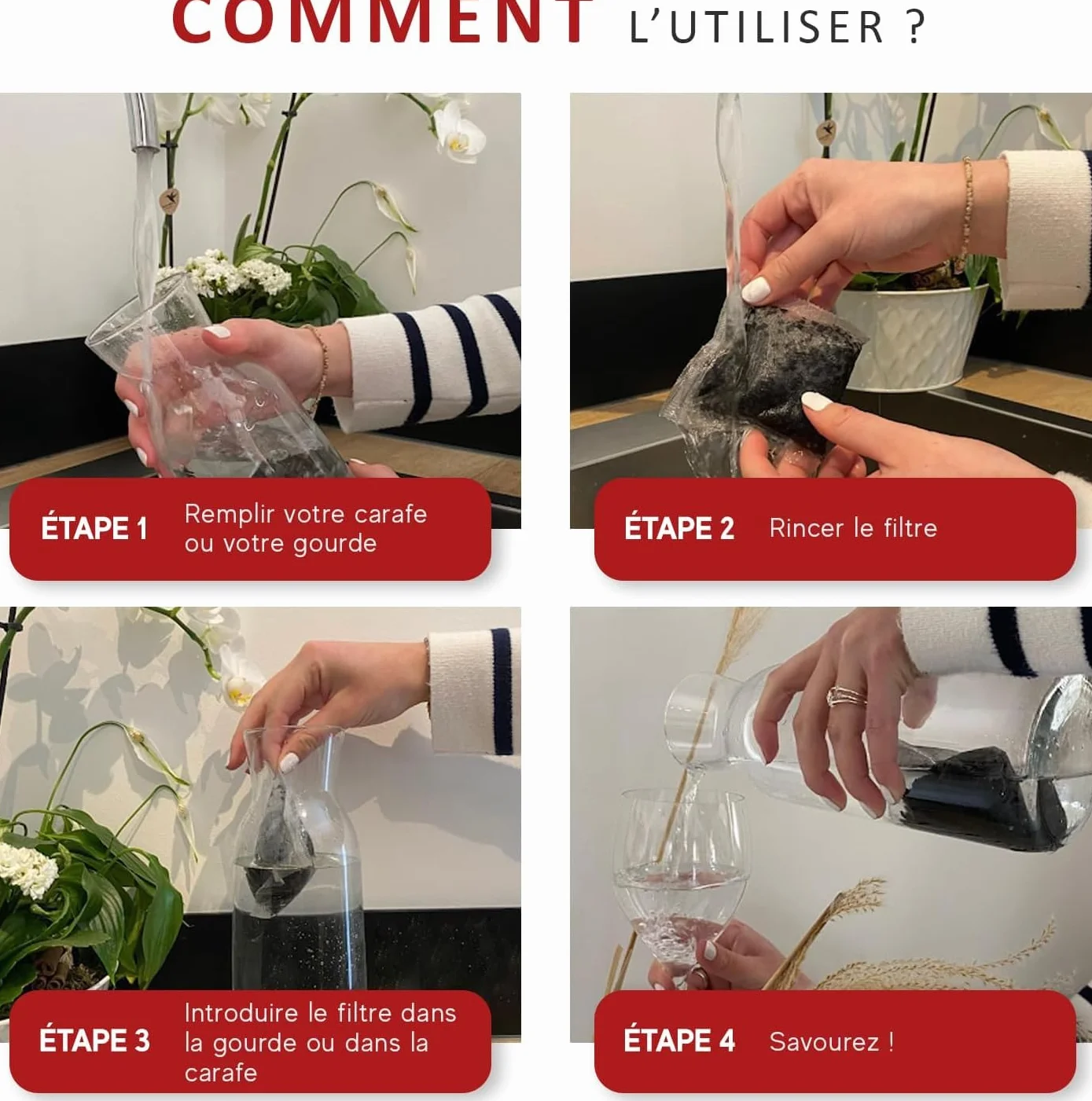 Carafe Filtrante en Verre 1L - inclus 2 cartouches filtrantes au charbon végétal activé sans BPA - Filtre eau du robinet réduit PFAS calcaire chlore pesticides métaux lourds