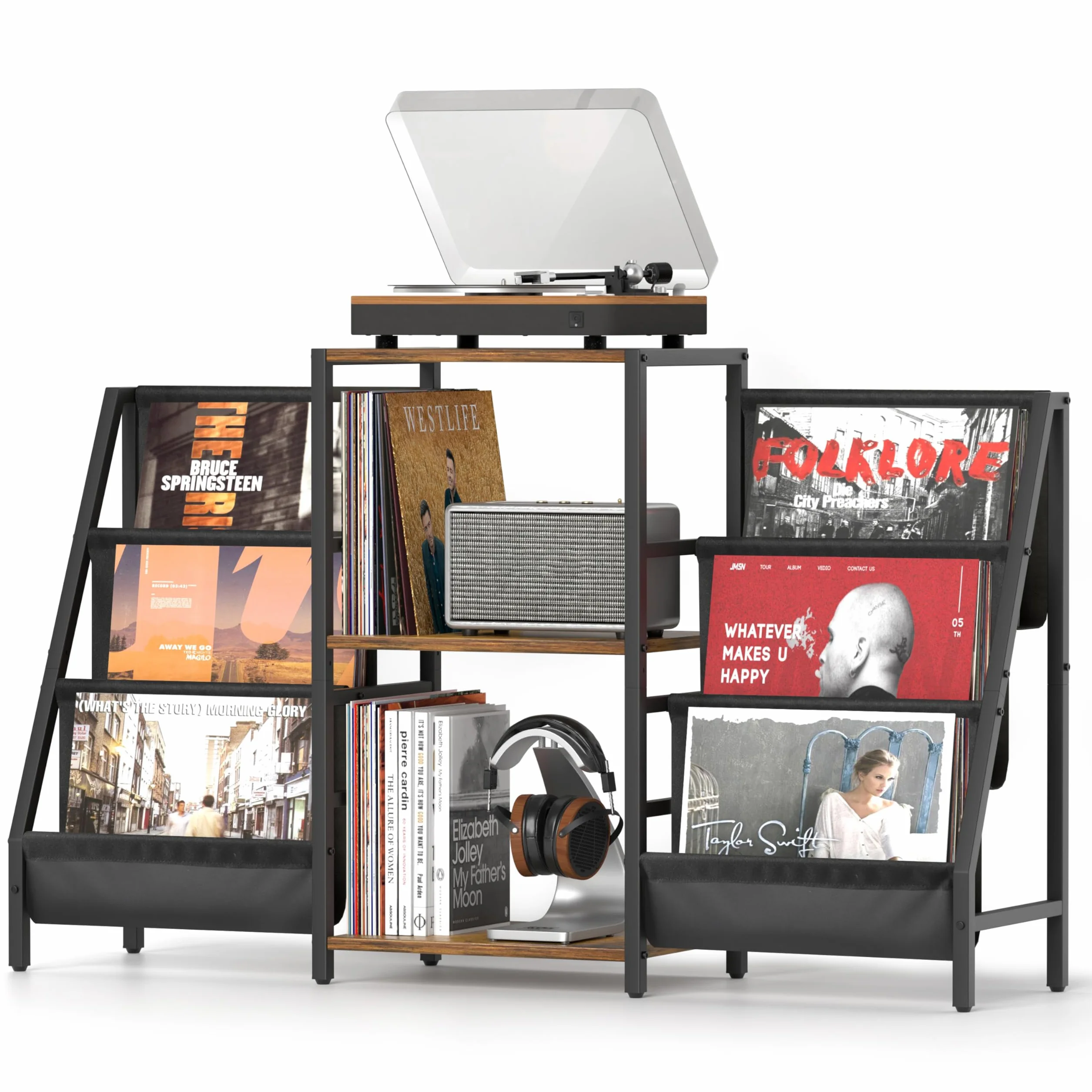 Bikoney Meuble Platine Vinyle avec Rangement pour 280 Albums, Support de Tourne-Disque avec Étagères de Stockage, Table pour Lecteur Vinyle et Système Stéréo, Style Rétro pour Salon