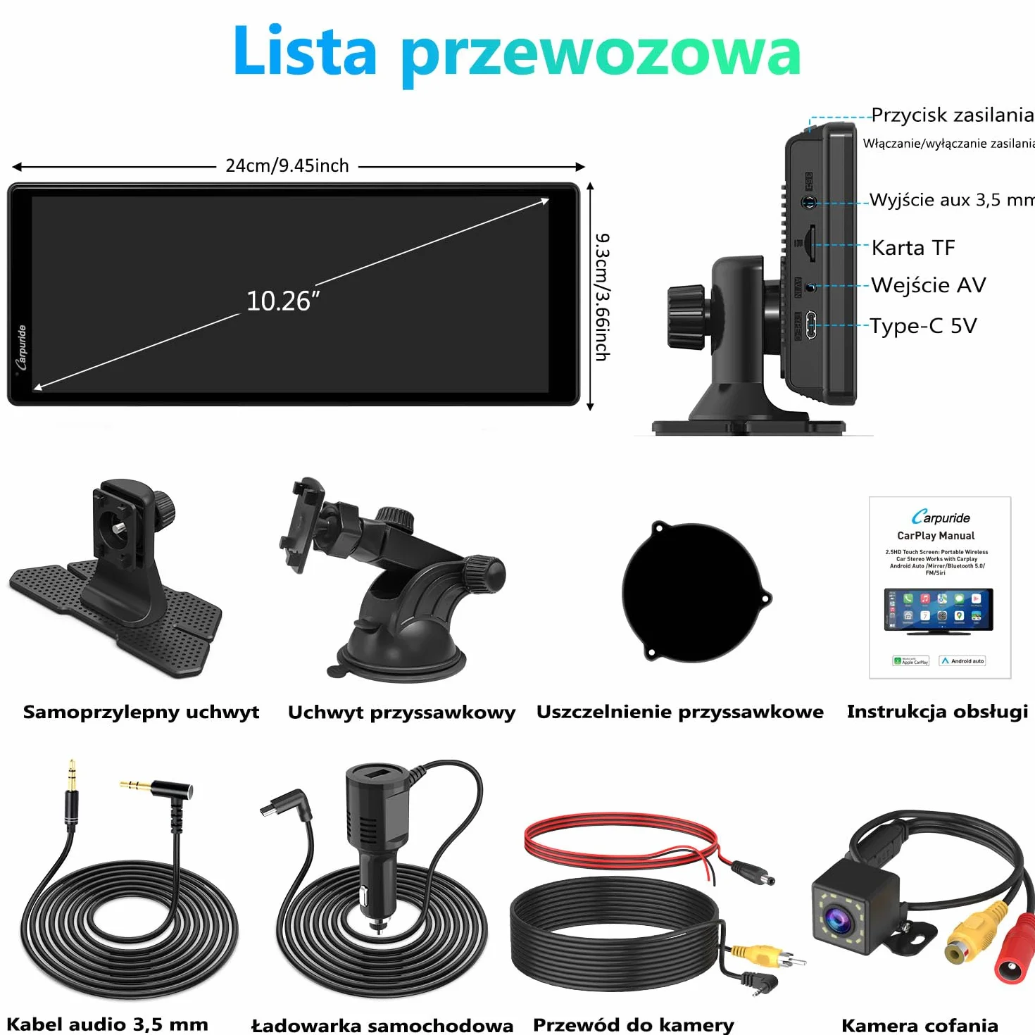 Przenośny ekran Carplay, Carpuride V92R Wireless Carplay i Android Auto, 10,26-calowy ekran dotykowy HD 1080P z prawdziwą kamerą cofania 720P / BT 5.0/Mirror Link Support Truck RV Dash Mount