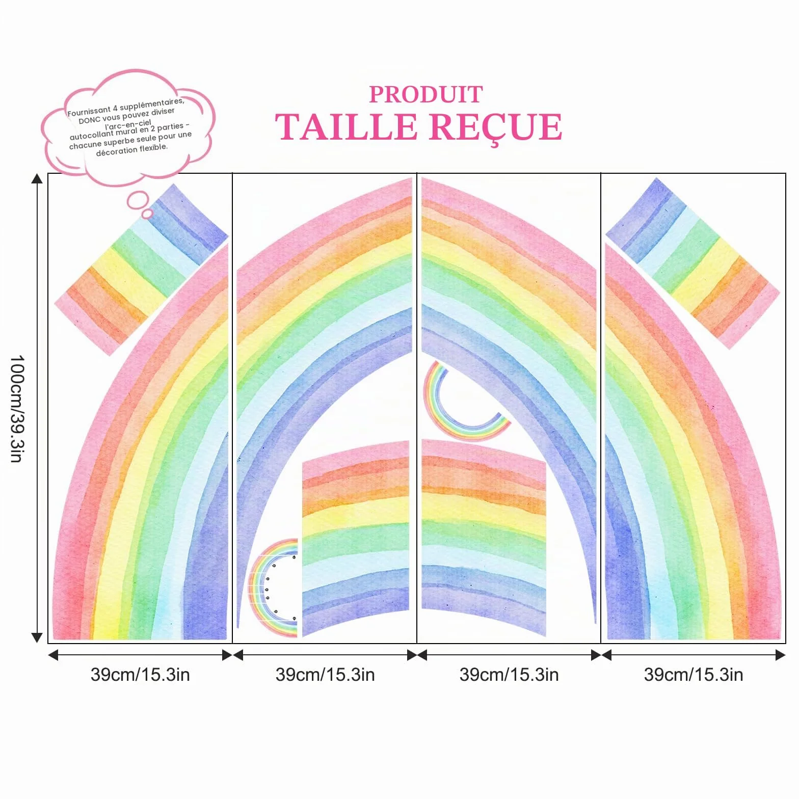 Autocollant Mural Arc en Ciel Aquarelle Grand Format 210x108cm Vinyle Deco Chambre Fille Nursery Salle de Jeux