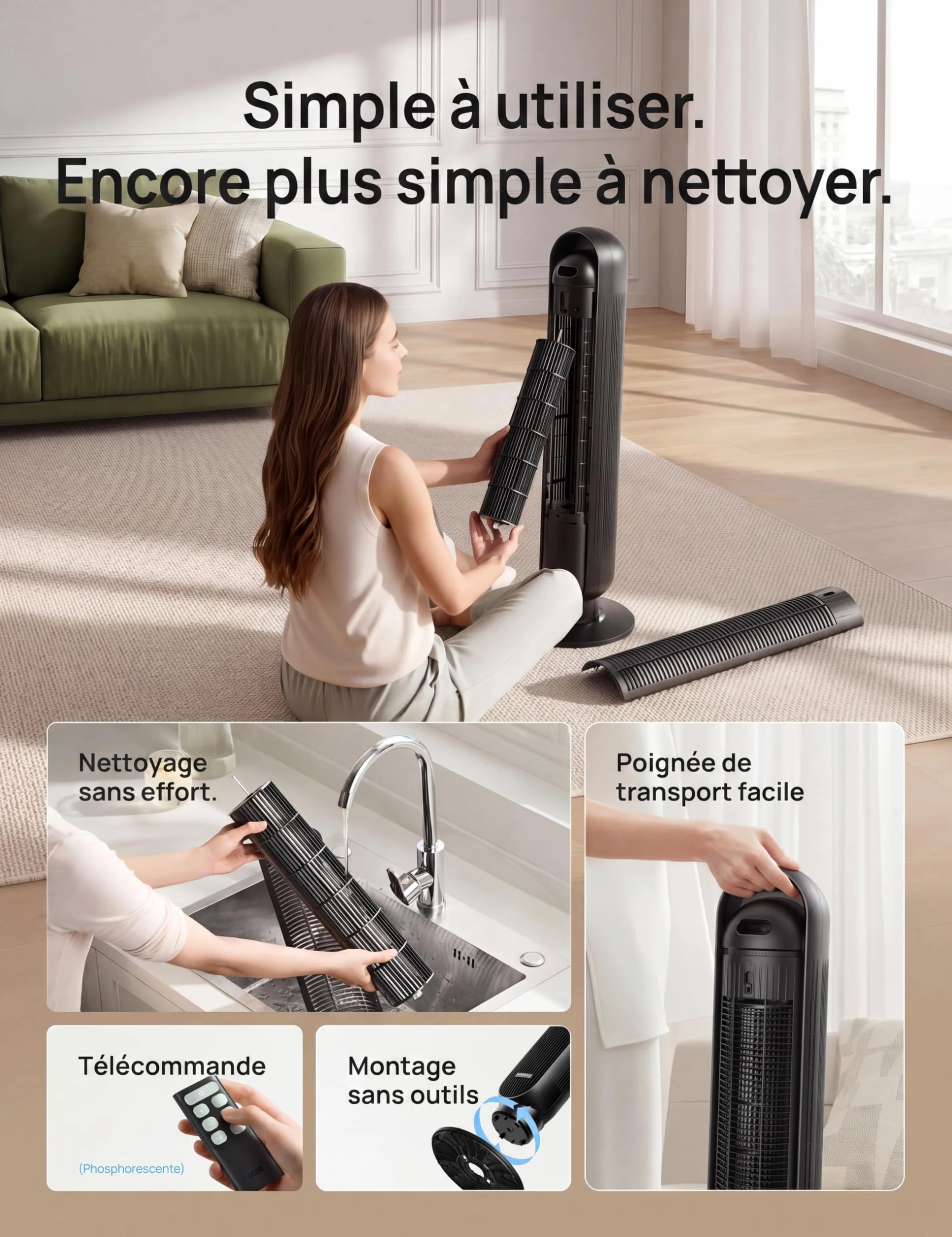 DREO Nomad One ventilateur colonne silencieux 20dB 92 cm 7,6 m/s 90° Noir