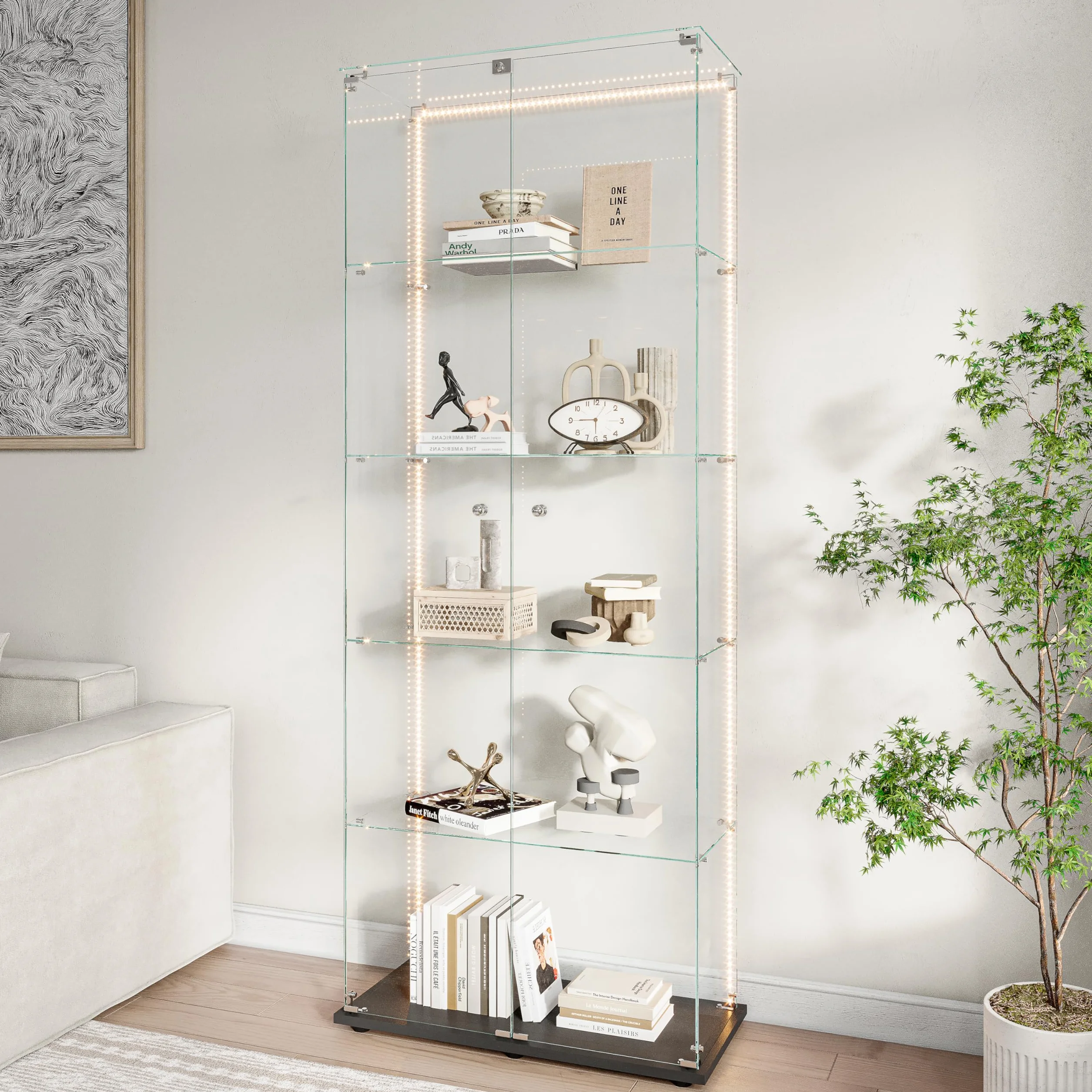 Vitrine,vitrine en Verre de 187x79x35cm,5 Couches avec LED 2 Porte et Serrure,Armoire de Collection Moderne en Verres,Armoire de Rangement en verre Debout pour Salon,Chambre à Coucher, Bureau