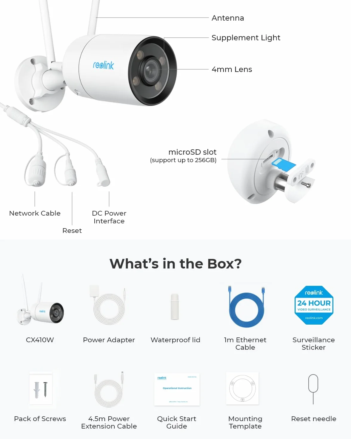 Reolink Zewnętrzna Kamera ColorX z noktowizorem True Color, rozdzielczością 2K 4MP HD, Wi-Fi 5GHz/2.4GHz, Super Przysłoną F1.0, Zaawansowanym Czujnikiem 1/1.8'', Dwukierunkowym Dźwiękiem, CX410W
