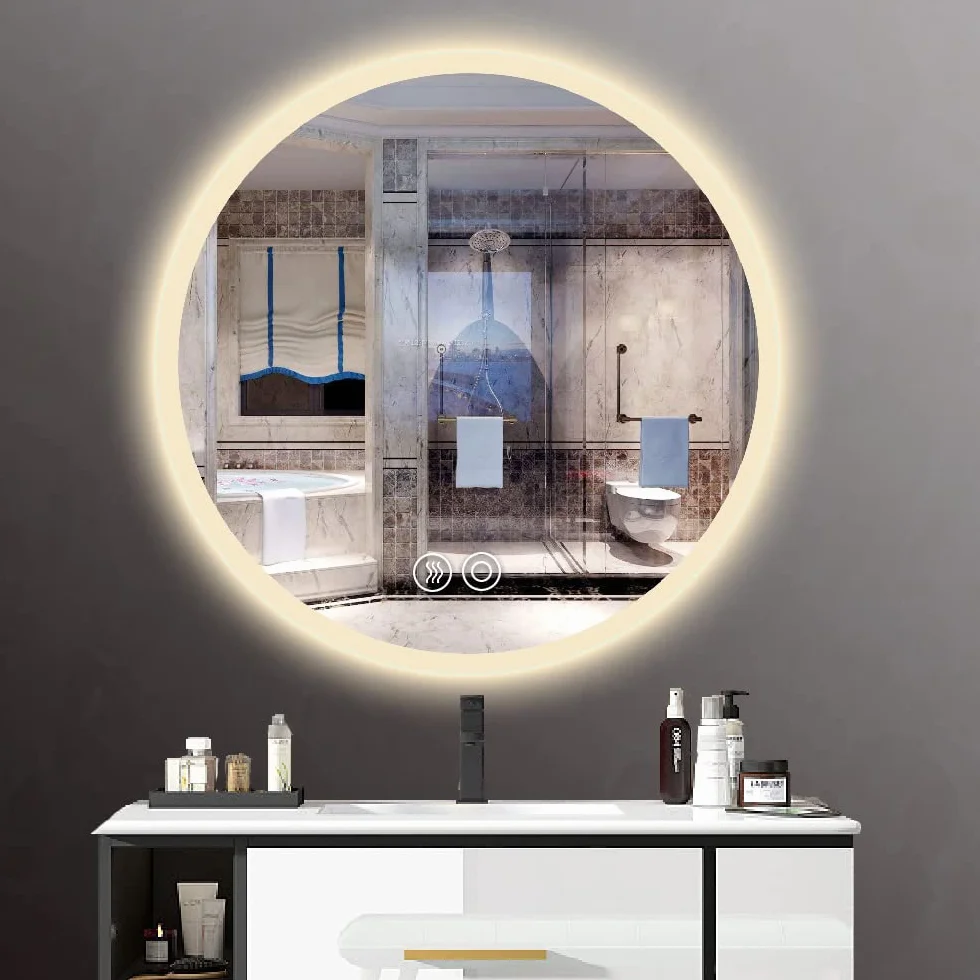 Panana Miroir de salle de bain rond étanche LED éclairé avec fonction anti-buée/désembuage/lumière dégradée - Monté au mur - Capteur - Anti-buée (rond 70 cm * 70 cm)