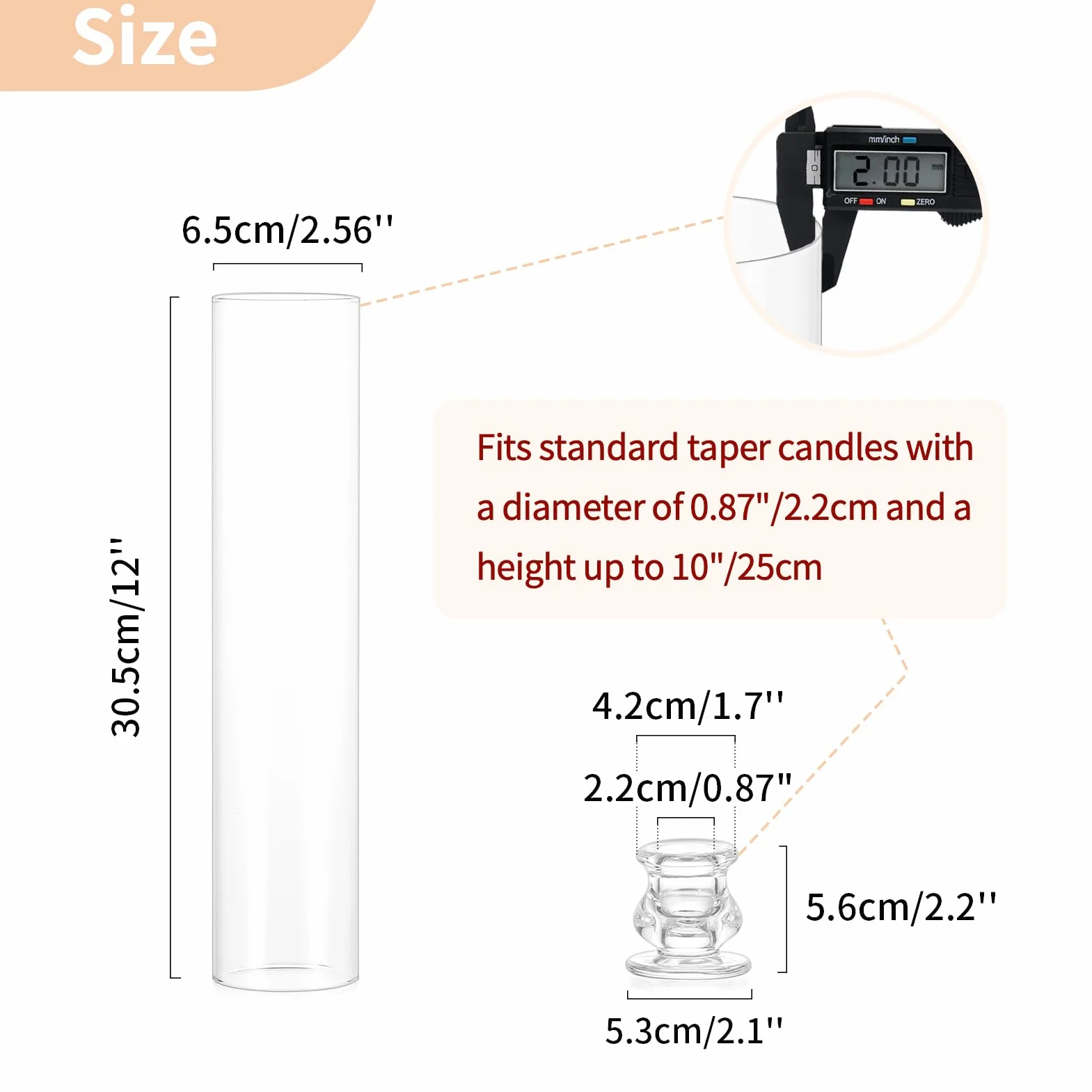 NUPTIO Bougeoirs en Verre Lot de 6 Bougeoirs Transparents de 30cm de Haut - Support de Bougies Coniques avec Couvercle Cylindrique Résistant au Vent pour la Décoration de la Cheminée