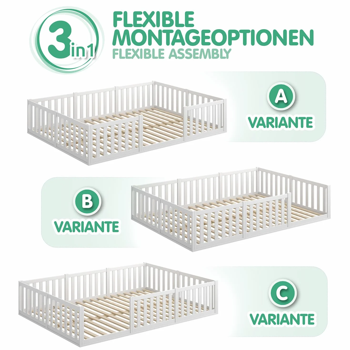 CADANI Lit Montessori TESO 140x200 – Charge 200 kg, entrée modulable, sommier Enroulable, lit-Familial Blanc