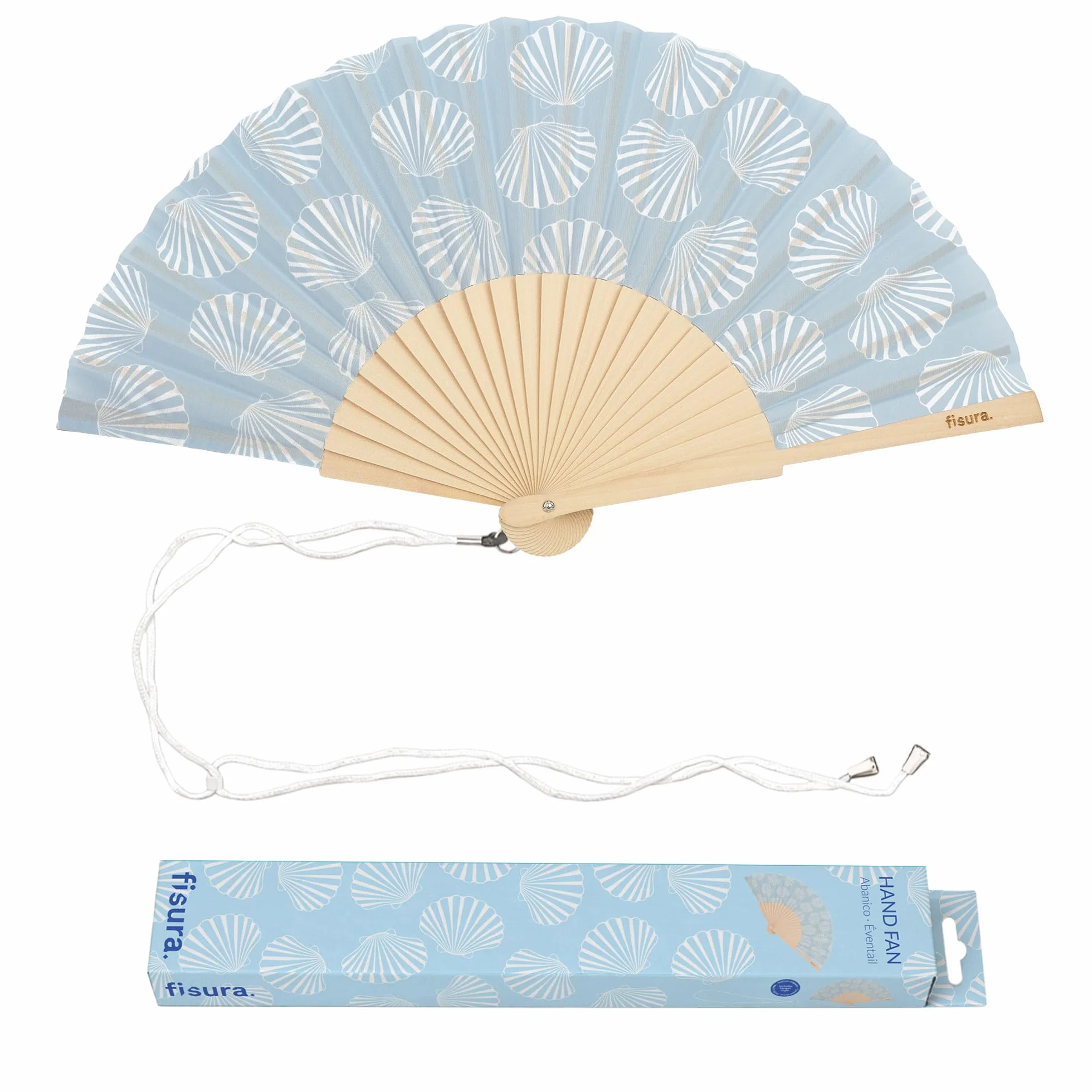 Fisura Éventail en Bois Motif Coquillages 42,5 x 23 cm Bleu Moderne avec Dragonne