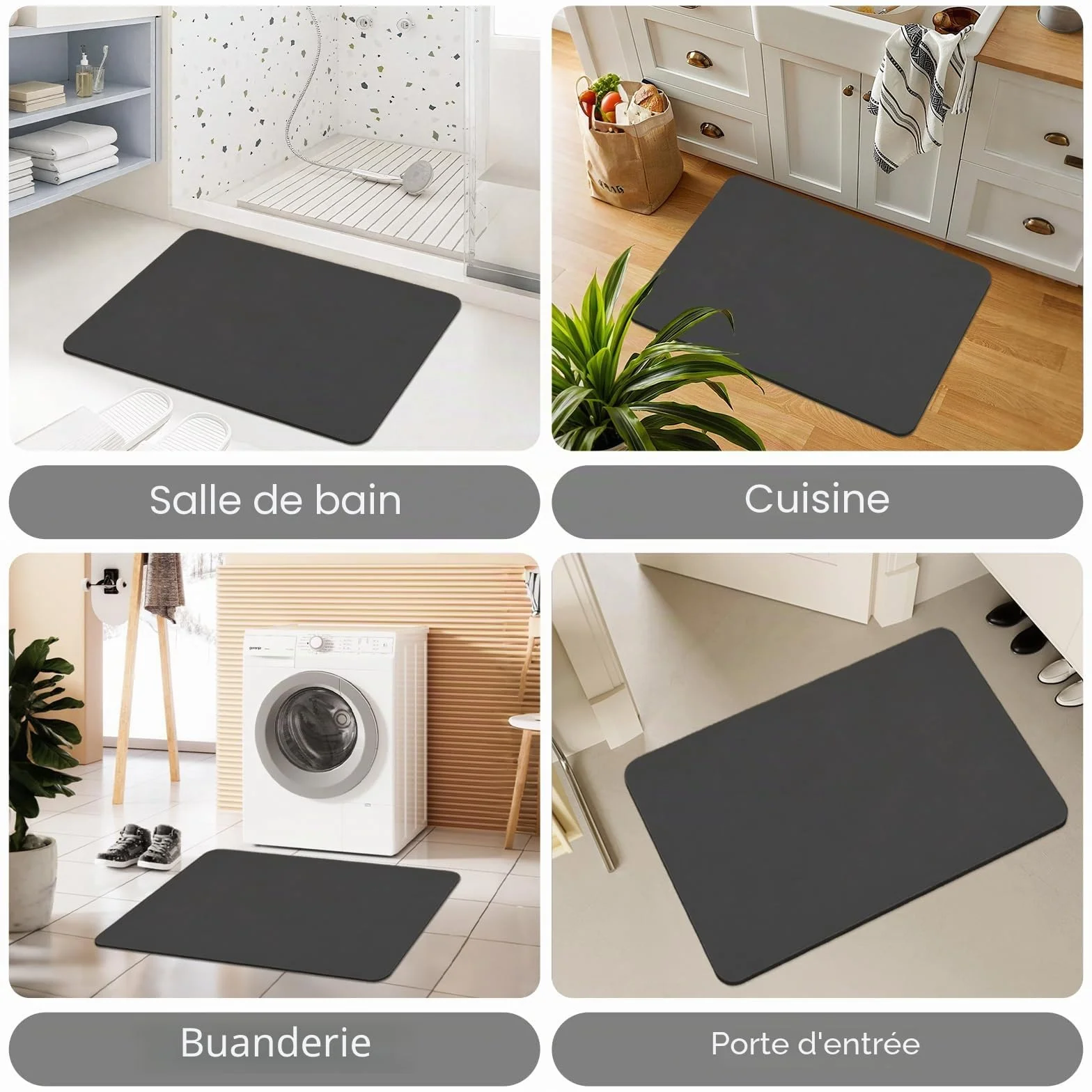 Tapis de Bain Diatomite 60x90cm Absorbant Mousse à Mémoire de Forme Gris Foncé