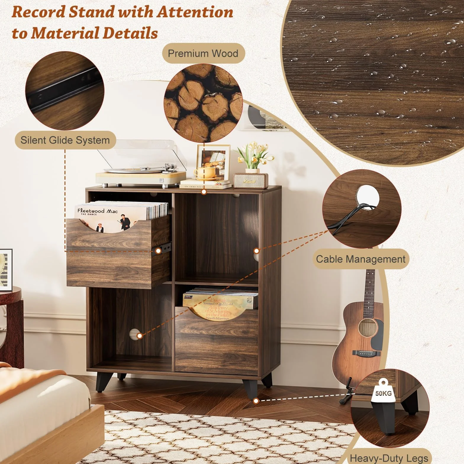 Bikoney Meuble Platine Vinyle avec Présentoir et 2 Tiroirs – Support en Bois et Meuble TV, Porte Vinyle pour Toutes Les Platines et Enceintes, Rangement pour Salon ou Chambre