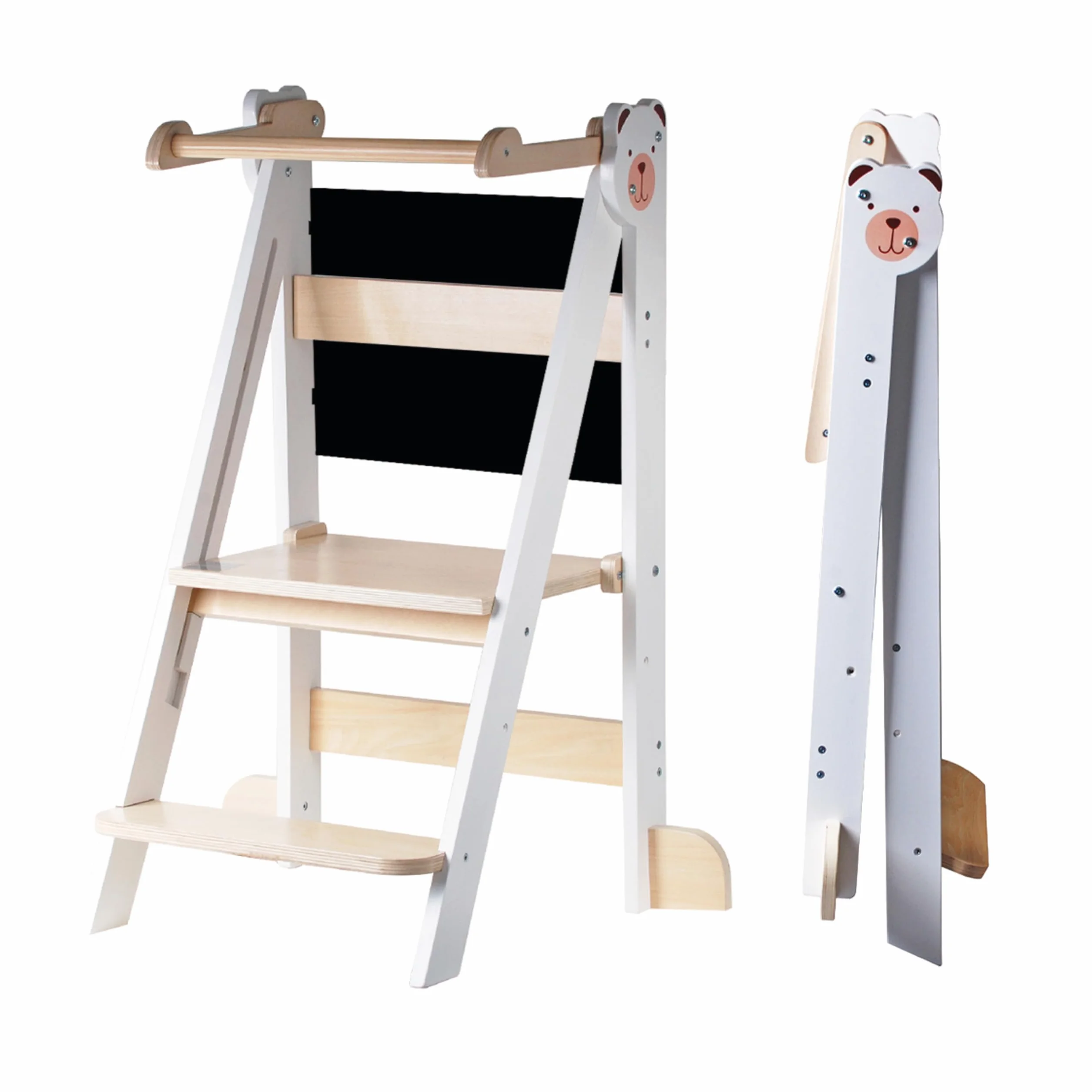 Buddy Baby Xplora - Tour d'apprentissage et tour d'aide dans la cuisine avec tableau - 3 en 1 - Pliable et avec 2 hauteurs - Marches pour enfants avec montage facile